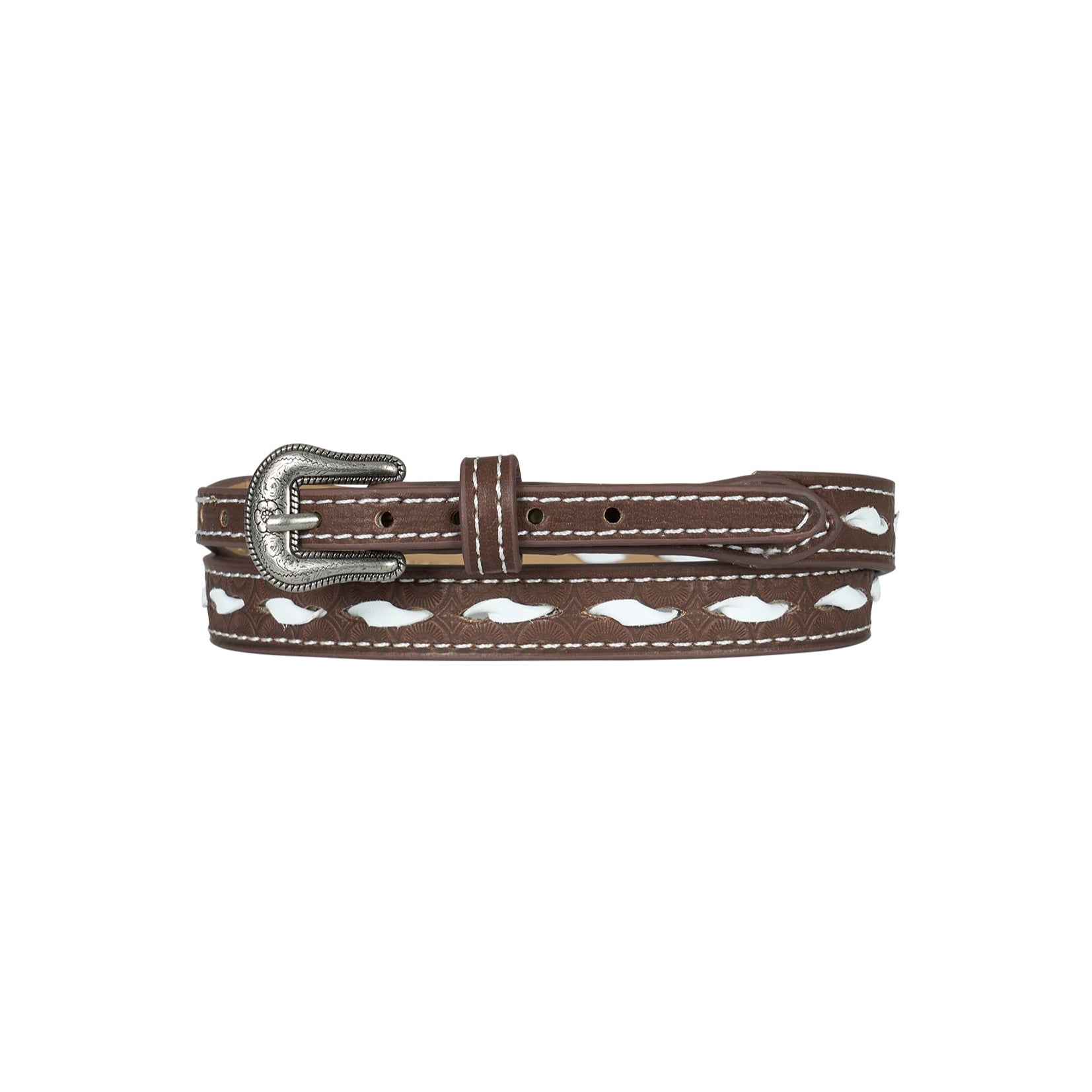 Pure Western Martine Hat Band. Brown leather hatband with silver buckle on a white background