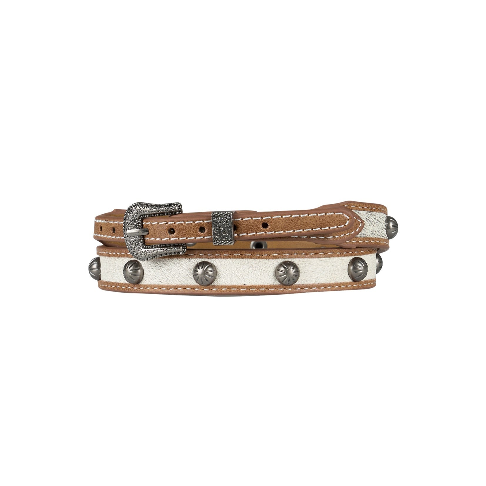 Pure Western Aspen Hat Band. Leather hatband with silver studs and a buckle on a white background