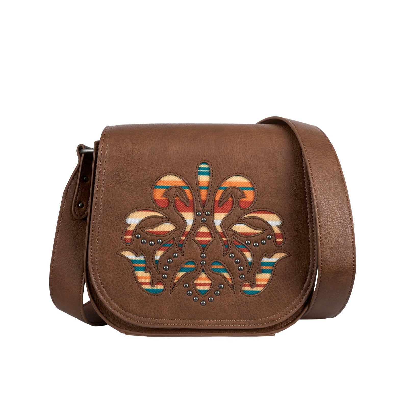 Pure Western Halley Western Handbag. Brown leather crossbody bag with colorful embroidery on a white background