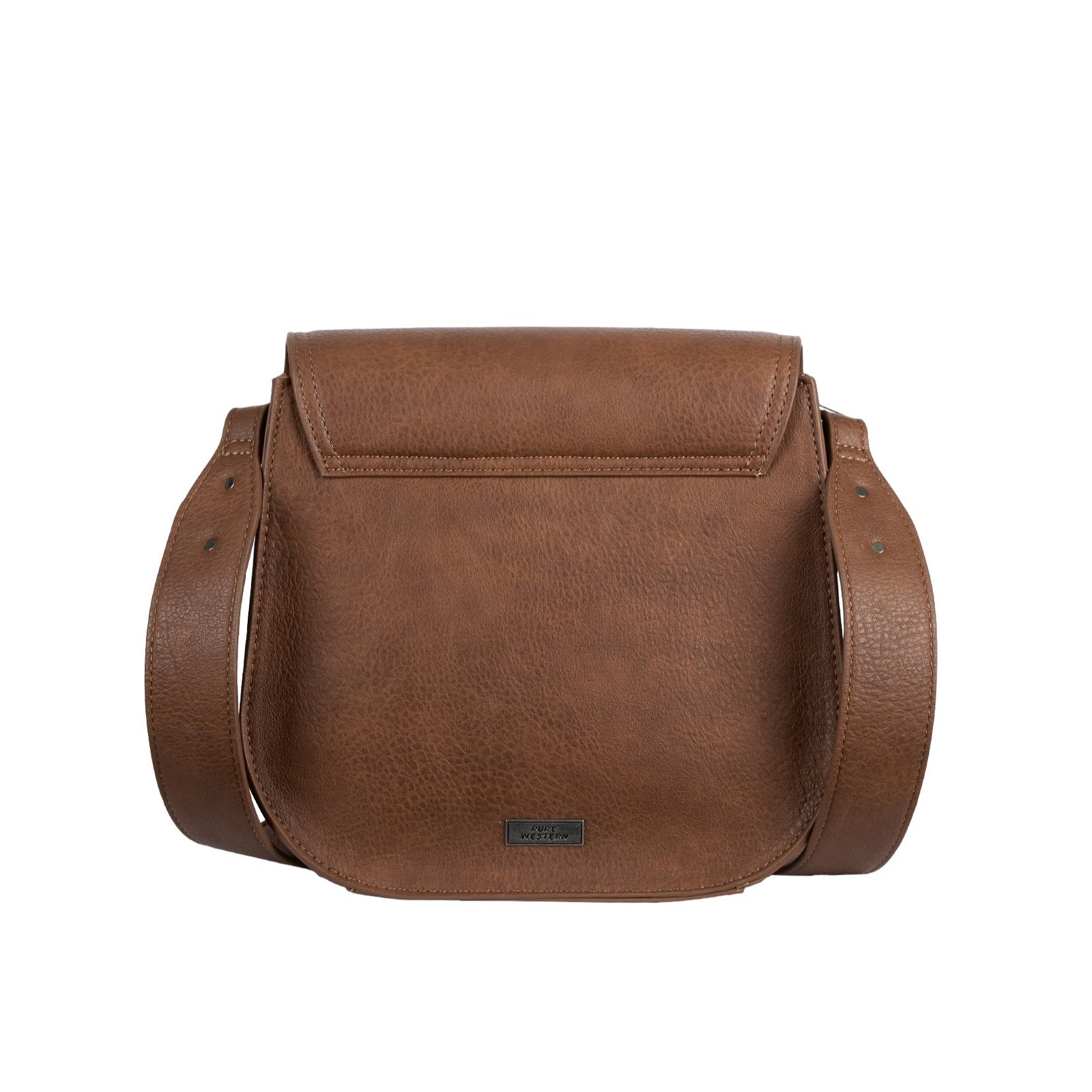 Pure Western Halley Western Handbag. Brown leather crossbody bag with colorful embroidery on a white background