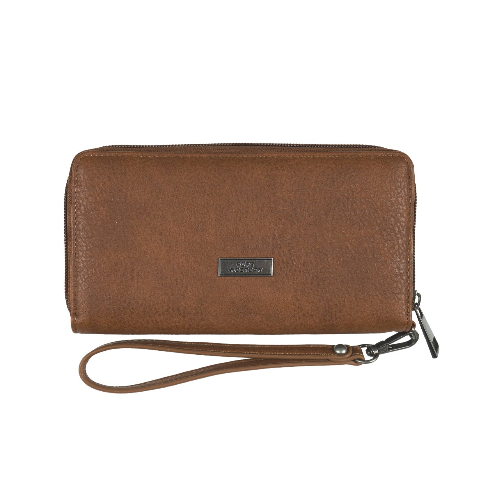 Pure Western Halley Western Wallet. Brown leather wallet with a strap on a white background