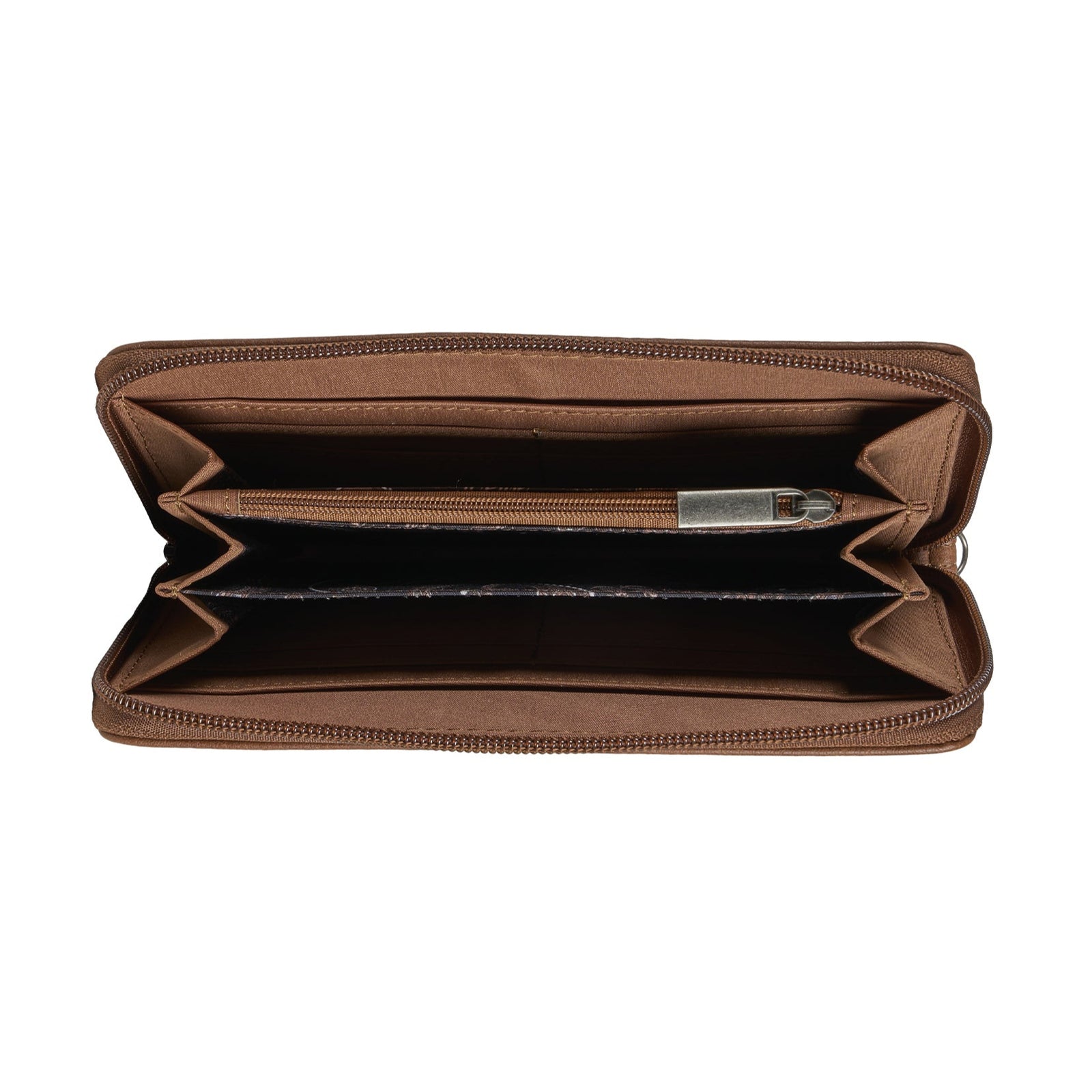 Pure Western Halley Western Wallet. Brown leather clutch with butterfly design on a white background