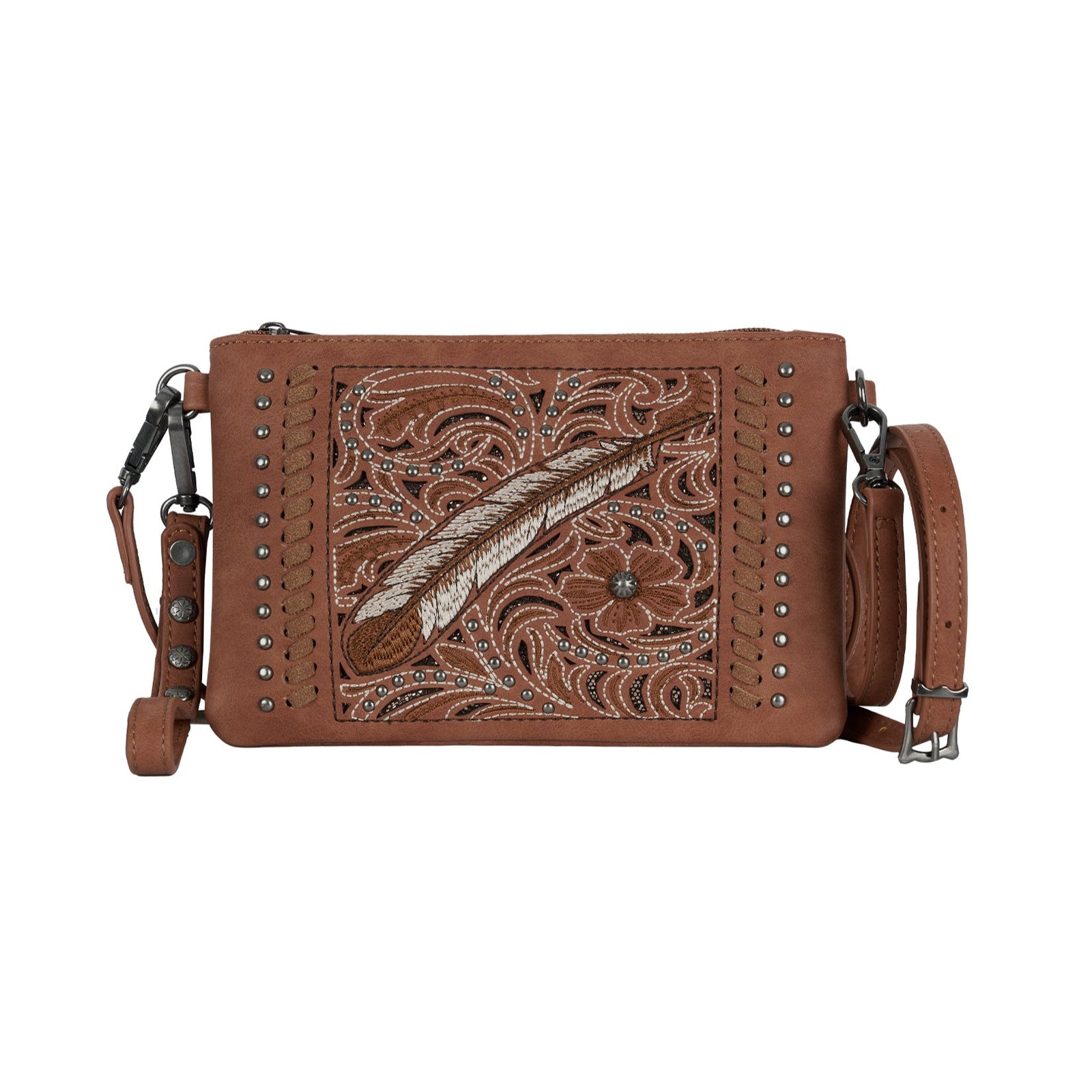 Pure Western Drew Western Bag. Brown leather handbag with intricate embroidery on a white background