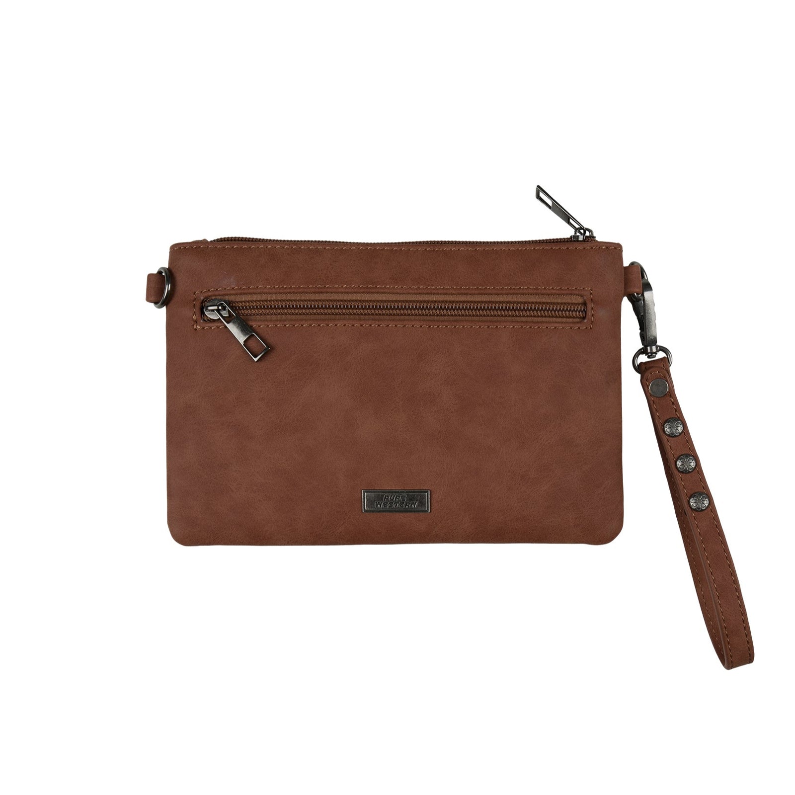 Pure Western Drew Western Bag. Brown leather handbag with intricate embroidery on a white background