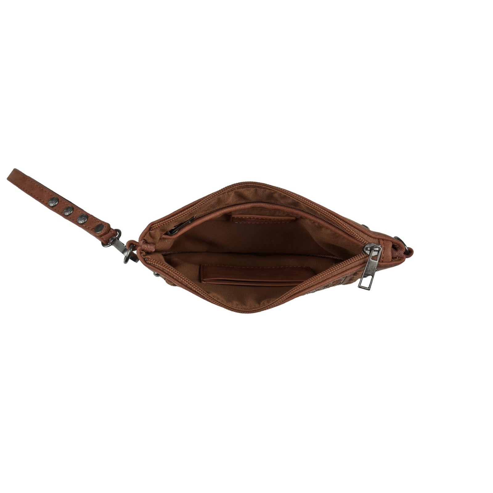 Pure Western Drew Western Bag. Brown leather pouch with a strap on a white background