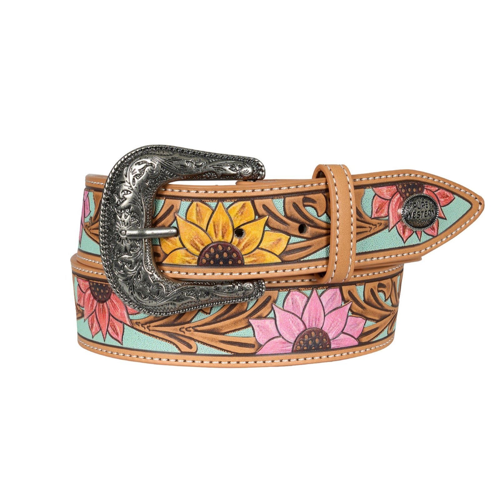 Pure Western Women's Carleen Western Belt. Colorful belt with floral patterns and a large buckle on a white background