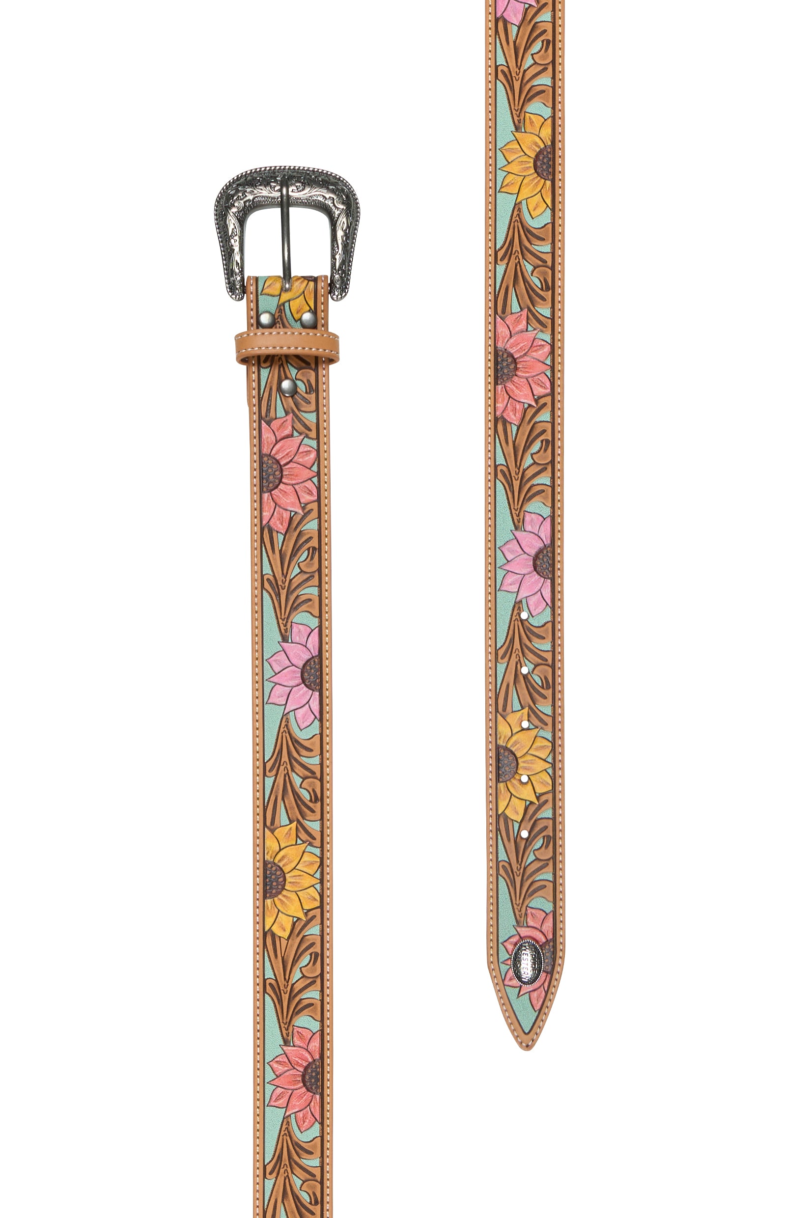 Pure Western Women's Carleen Western Belt. Colorful belt with floral patterns and a large buckle on a white background