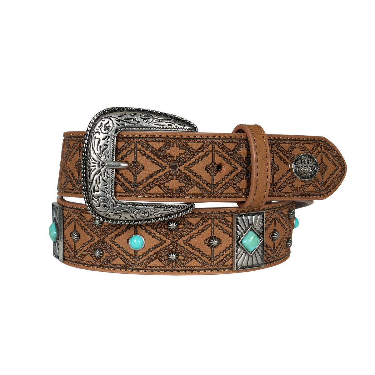 Pure Western Women&#39;s Kristen Western Belt. Brown leather belt with intricate design and turquoise stones on a white background