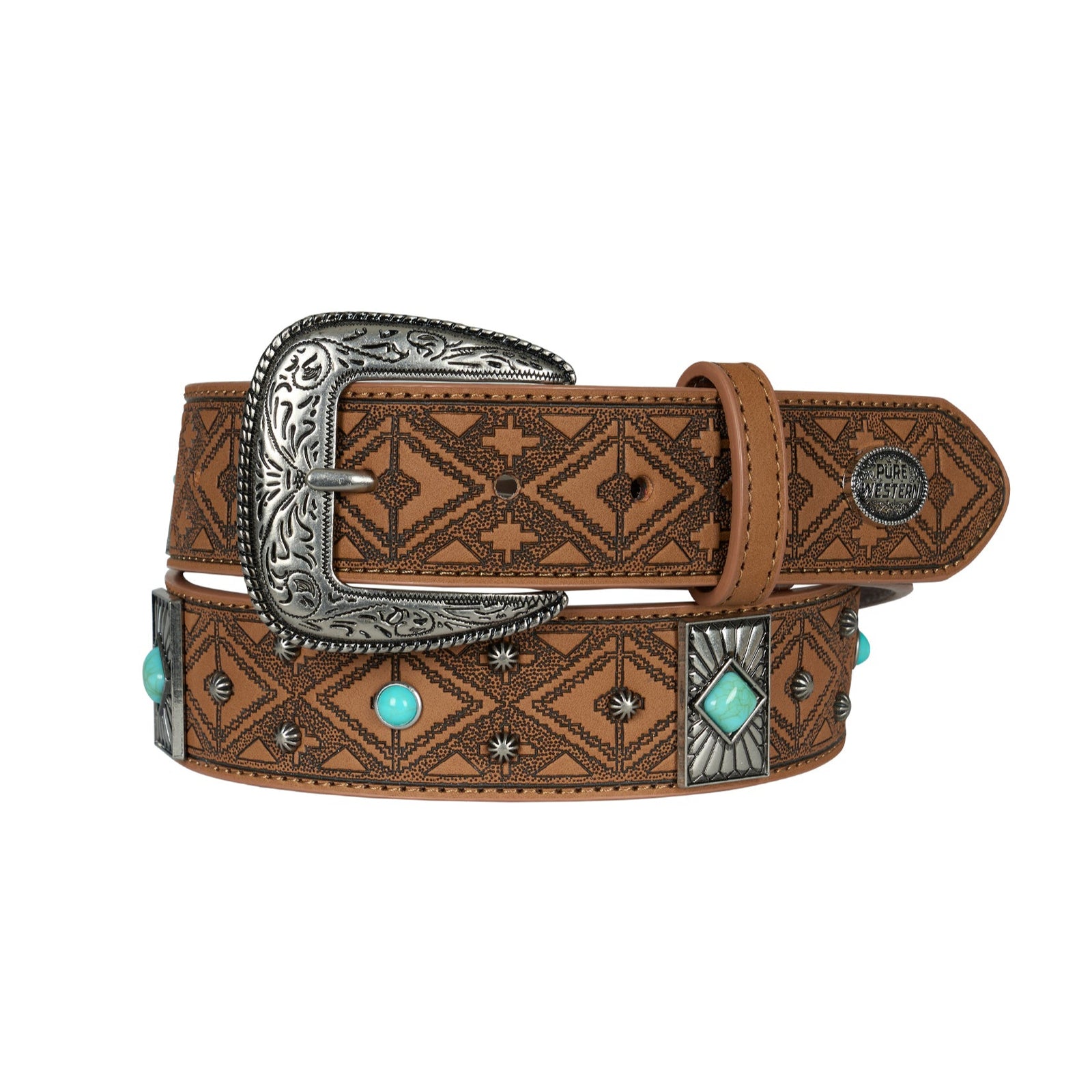 Pure Western Women's Kristen Western Belt. Brown leather belt with intricate design and turquoise stones on a white background