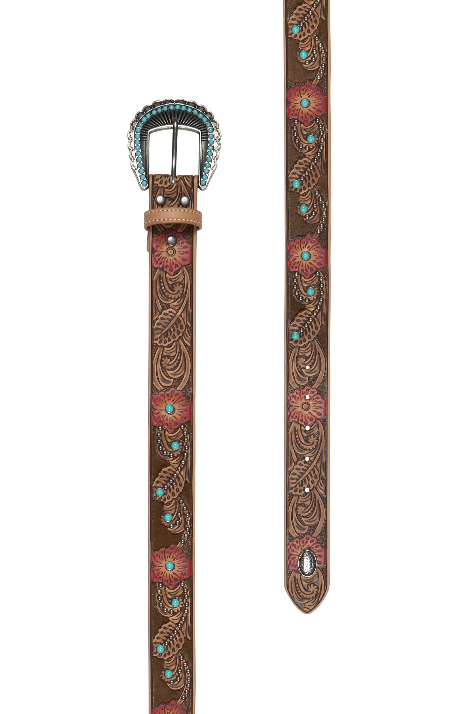 Pure Western Women's Charlene Western Belt. Decorative belt with intricate designs and turquoise stones on a white background