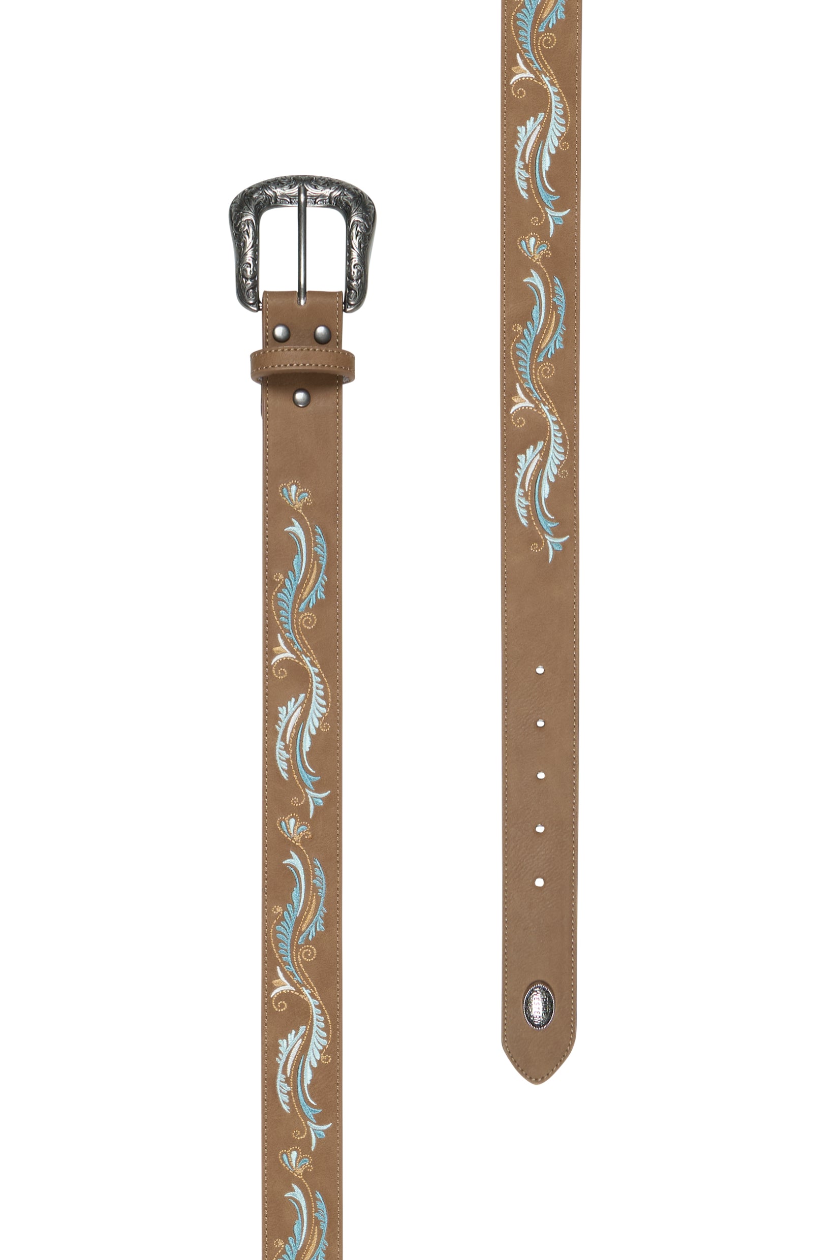 Pure Western Women's Polly Western Belt. Brown leather belt with decorative buckle and embroidery on a white background