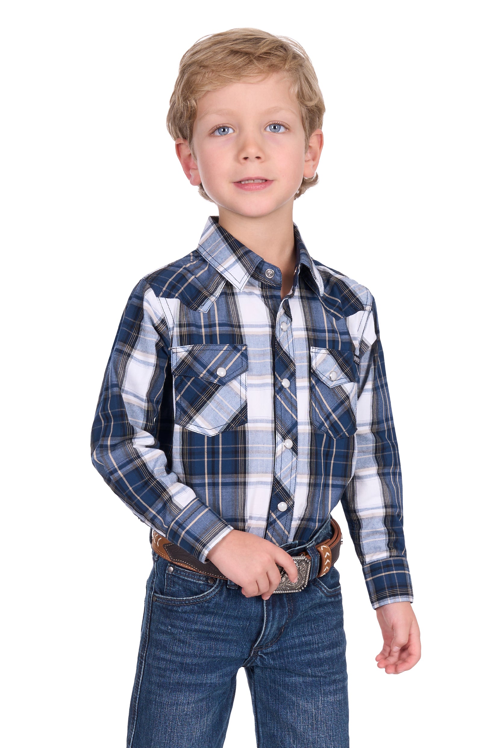 Pure Western Boy's Nicholas L/S Western Shirt. Young boy wearing a blue plaid shirt and jeans on a white background 