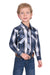 Pure Western Boy's Nicholas L/S Western Shirt. Young boy wearing a blue plaid shirt and jeans on a white background 