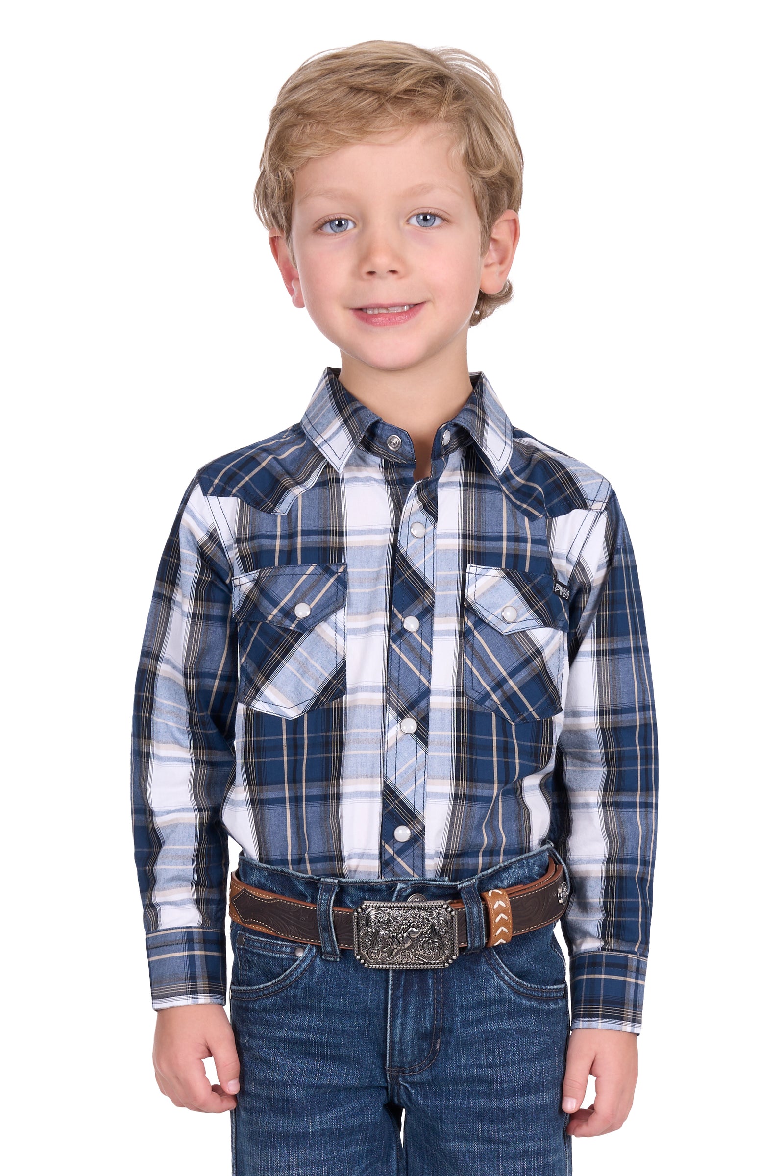 Pure Western Boy's Nicholas L/S Western Shirt. Young boy wearing a blue plaid shirt and jeans on a white background