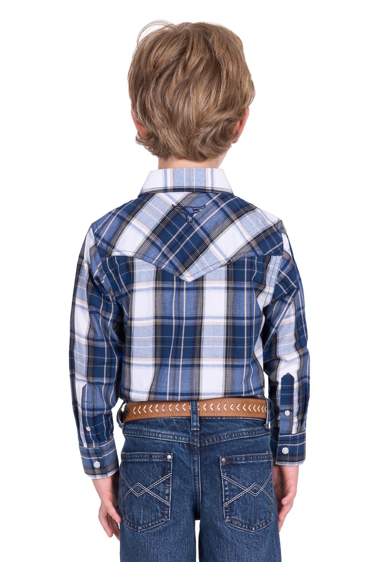 Pure Western Boy's Nicholas L/S Western Shirt. Child wearing a blue plaid shirt and jeans on a white background