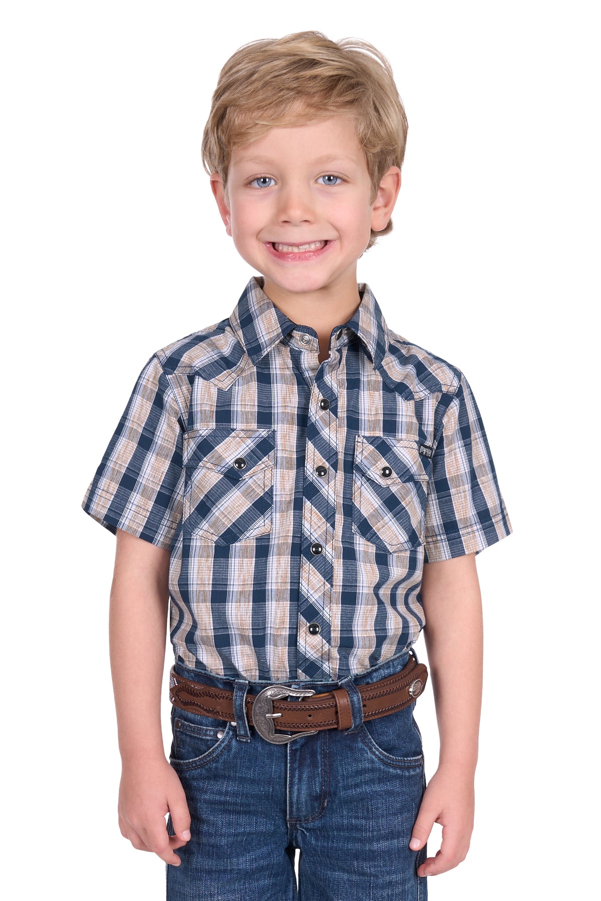 Pure Western Boy's Peter S/S Western Shirt. Child wearing a blue plaid shirt and jeans on a white background
