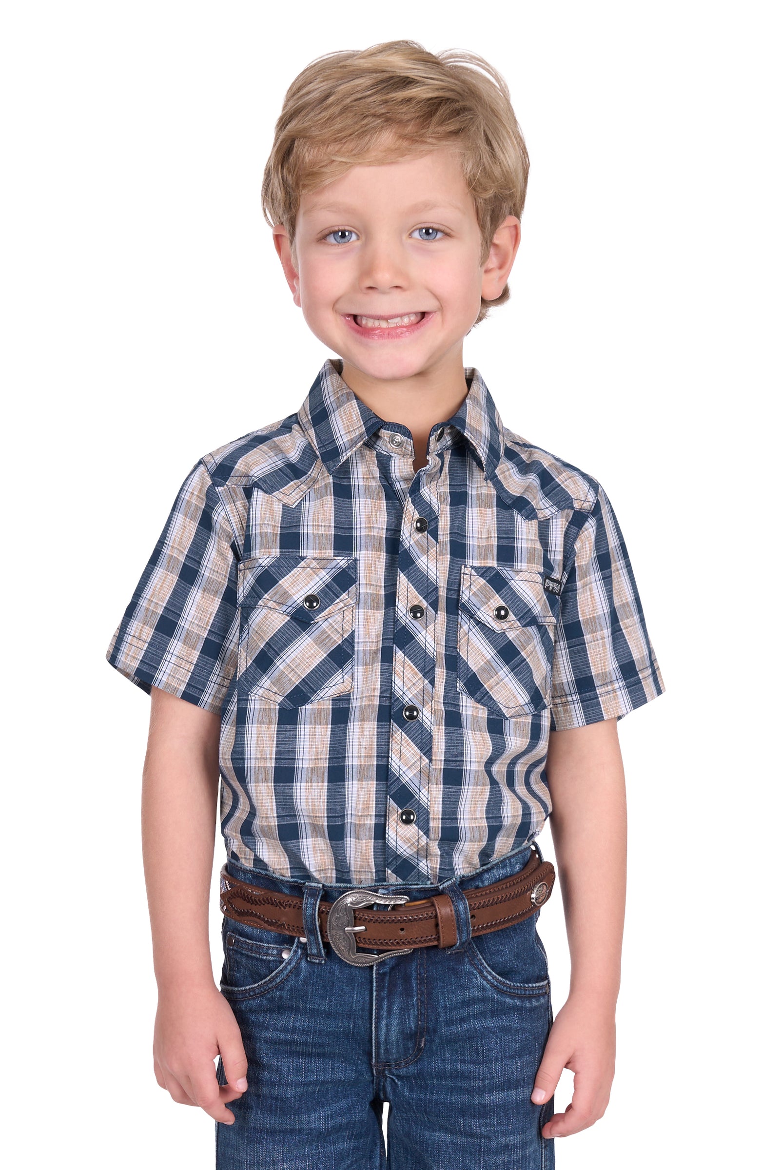 Pure Western Boy's Peter S/S Western Shirt. Young boy wearing a blue plaid shirt and jeans on a white background