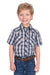 Pure Western Boy's Peter S/S Western Shirt. Young boy wearing a blue plaid shirt and jeans on a white background