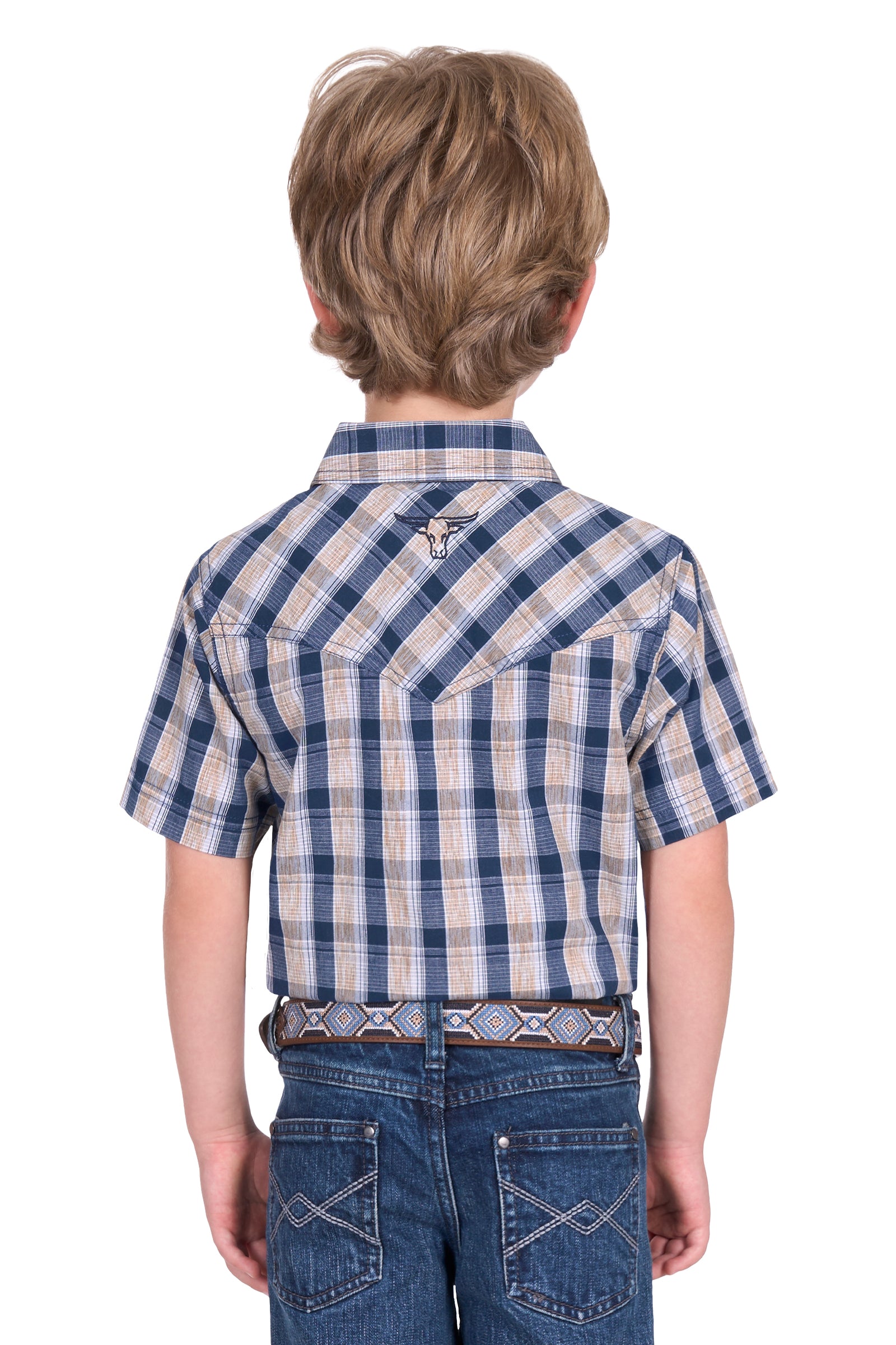 Pure Western Boy's Peter S/S Western Shirt. Child wearing a blue and white plaid shirt with jeans on a white background