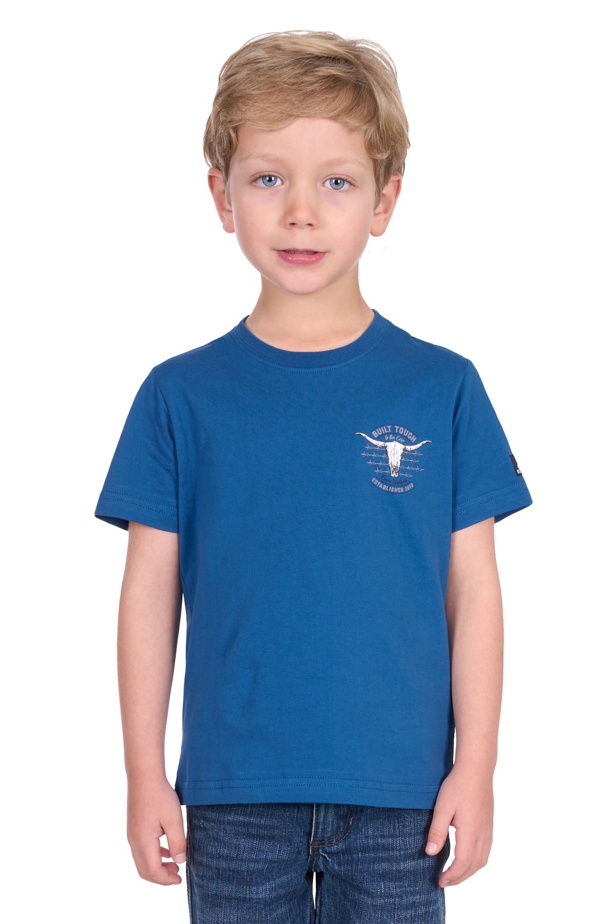 Pure Western Boy's Frank S/S T-Shirt. Child wearing a blue t-shirt with a logo on a white background