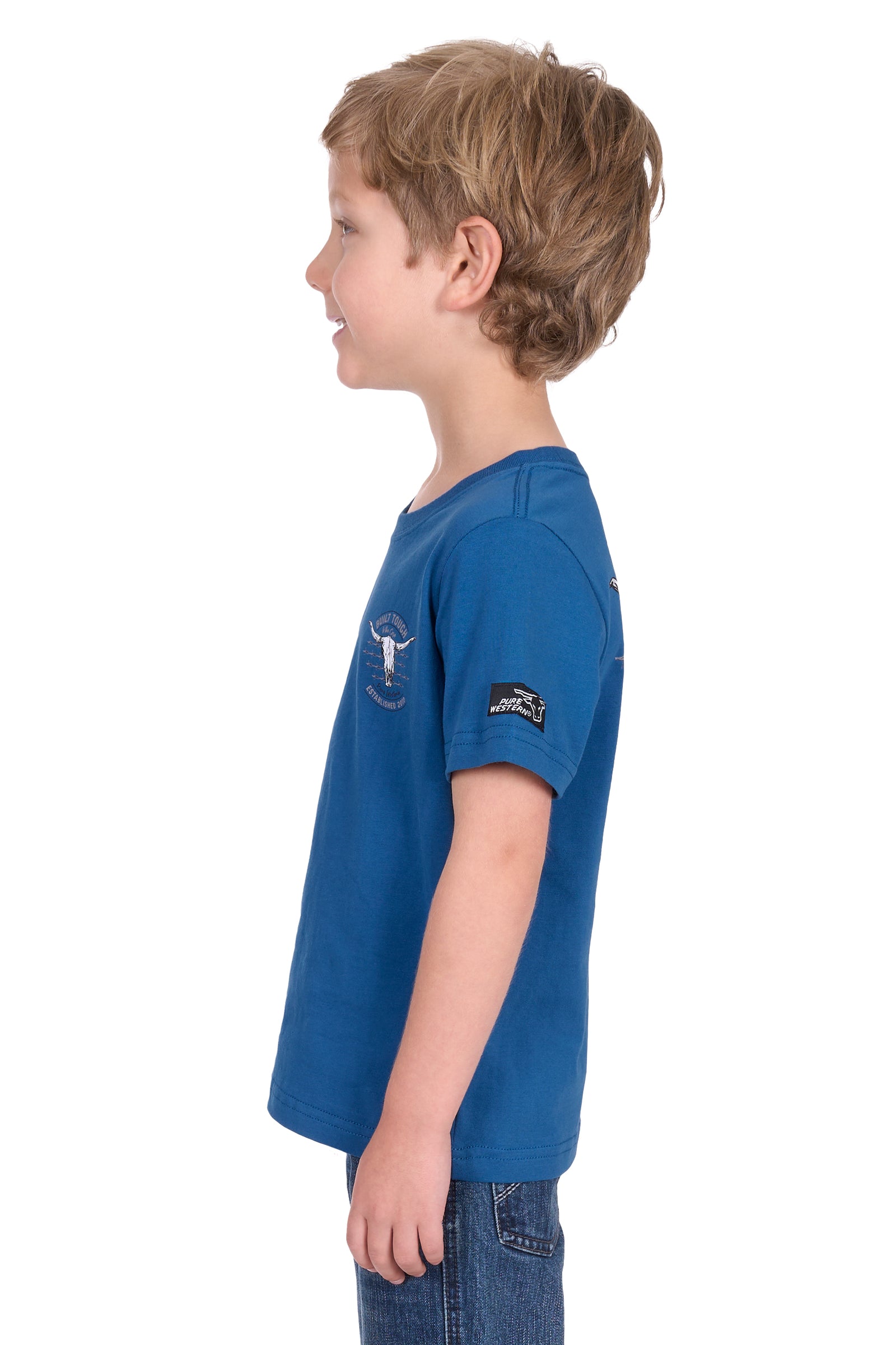 Pure Western Boy's Frank S/S T-Shirt. Child wearing a blue t-shirt with a logo on a white background