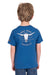 Pure Western Boy's Frank S/S T-Shirt. Young boy wearing a blue t-shirt with a logo on a white background