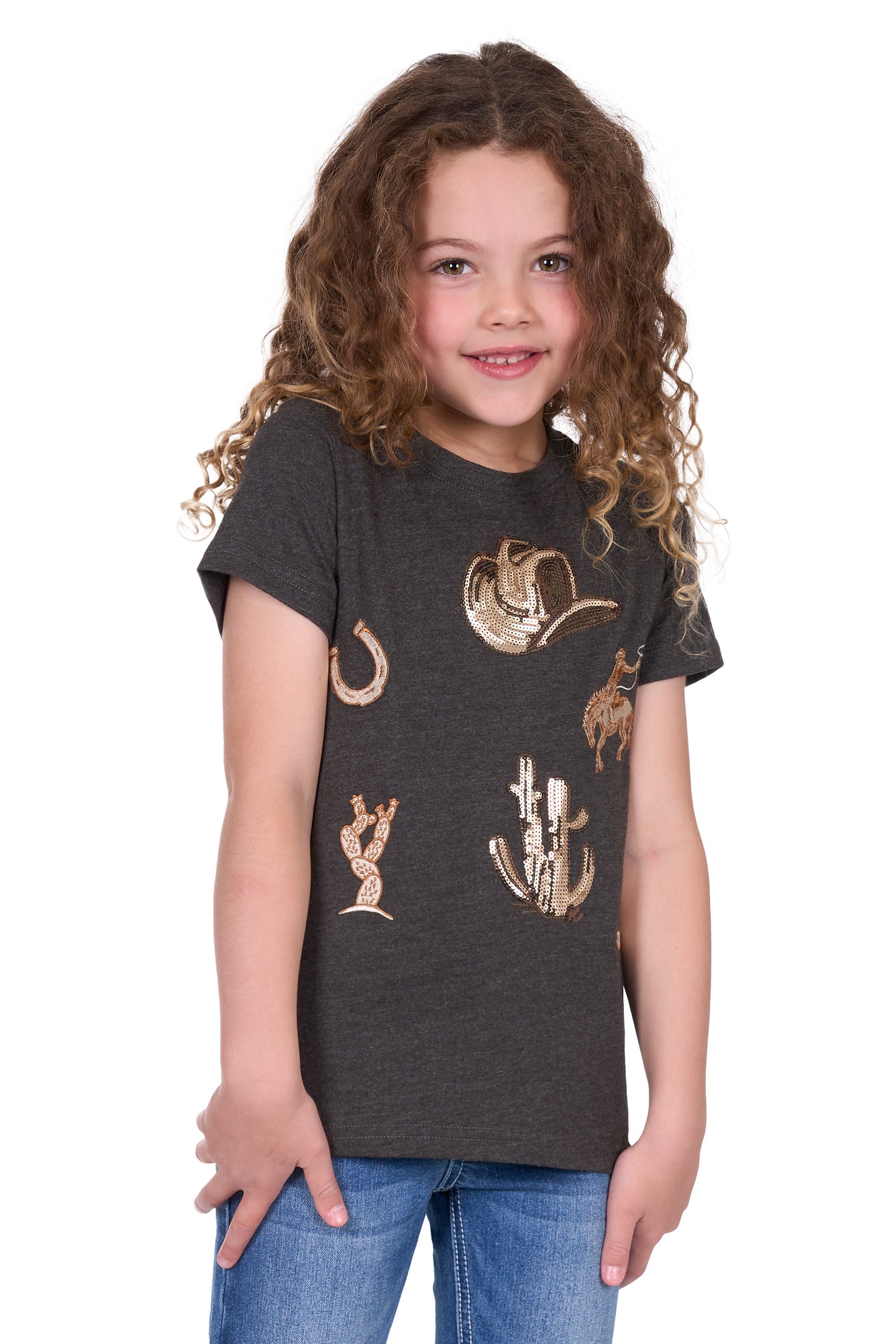 Pure Western Girl's Bonita Western T-Shirt. Young girl wearing a dark gray t-shirt with gold designs on a white background