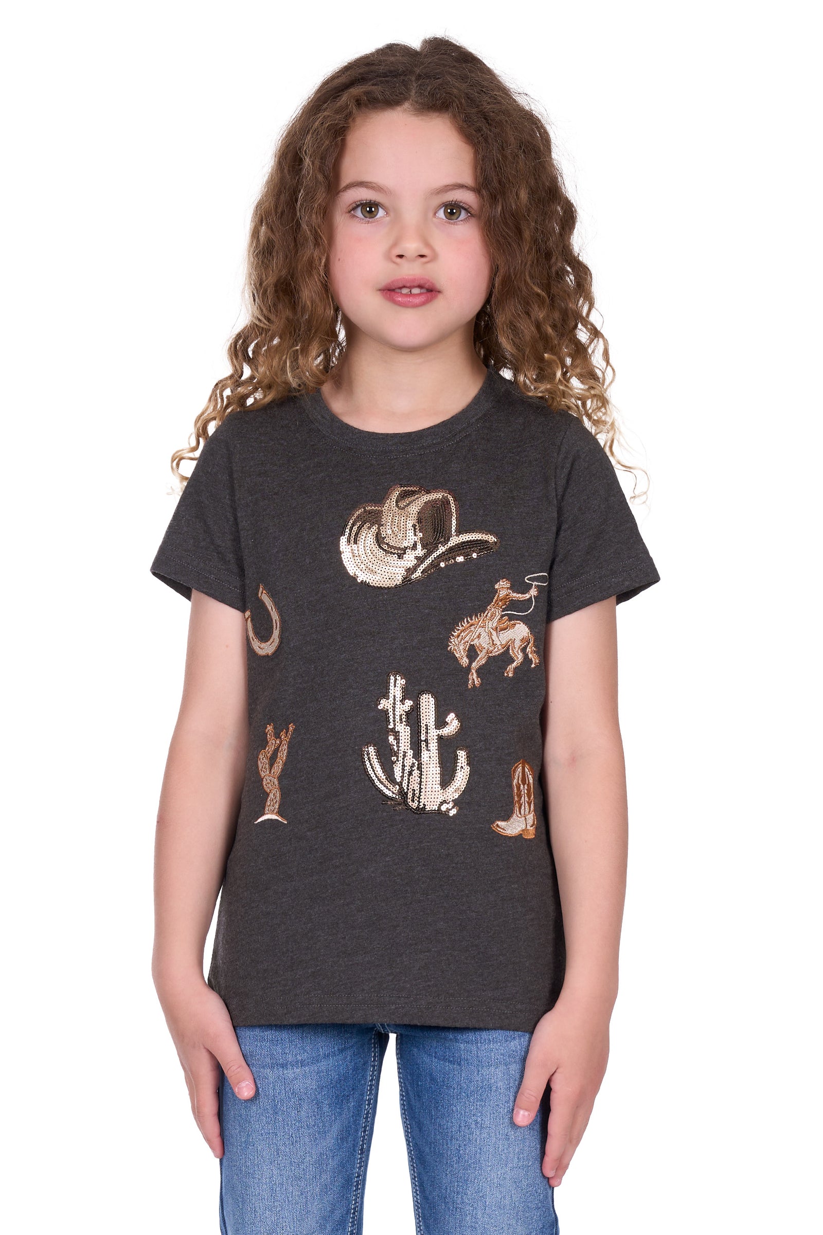 Pure Western Girl's Bonita Western T-Shirt. Young girl wearing a dark gray t-shirt with gold designs on a white background