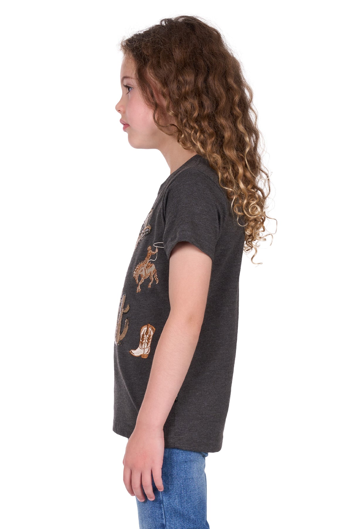 Pure Western Girl's Bonita Western T-Shirt. Child wearing a dark gray t-shirt with graphic designs on a white background