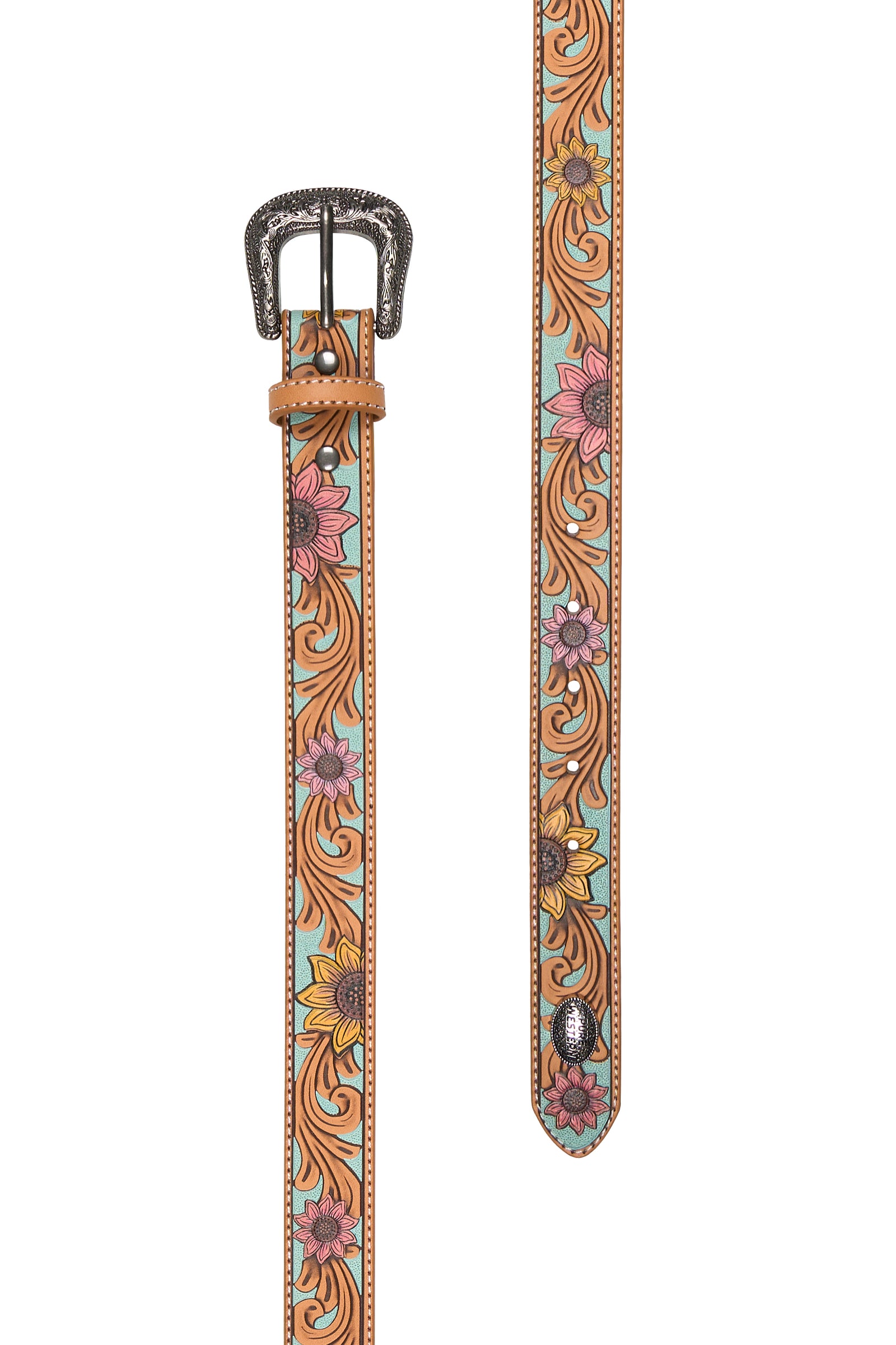 Pure Western Girl's Carleen Western Belt. Floral patterned belt with decorative buckle on a white background
