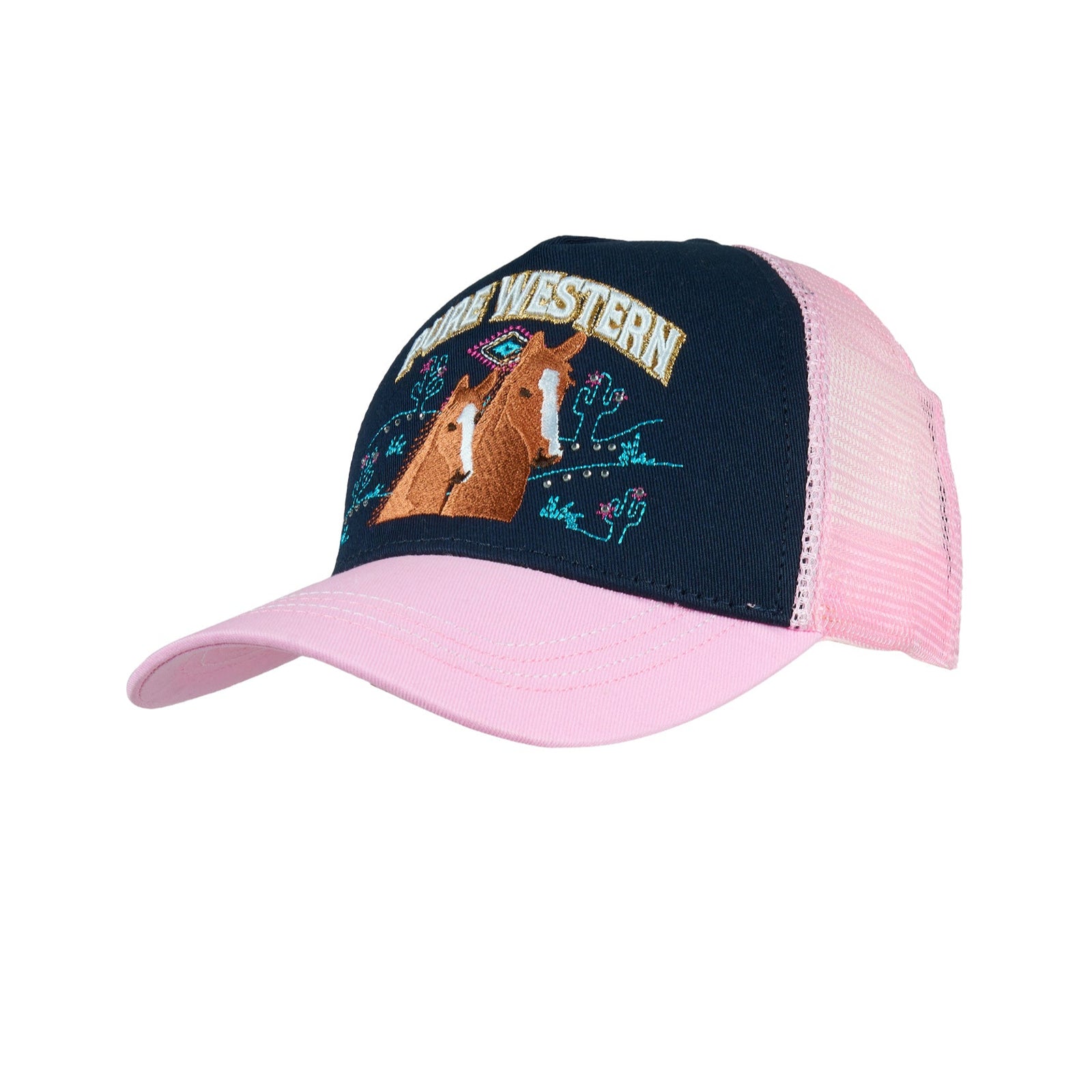 Pure Western Girl's Alesia Trucker Cap. Pink and navy cap with horse design on a white background