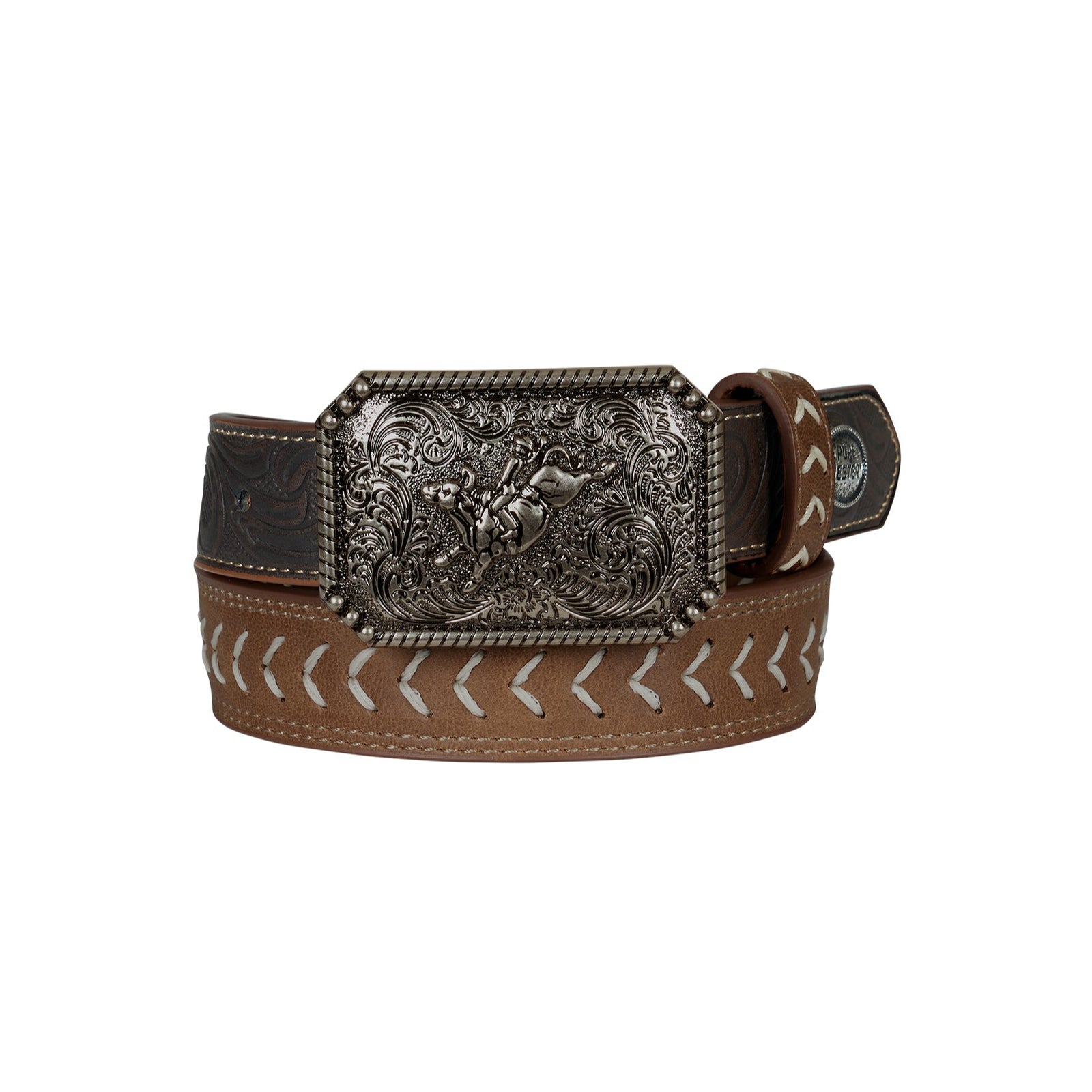 Pure Western Boy's Terrence Western Belt. Brown leather belt with decorative buckle on a white background