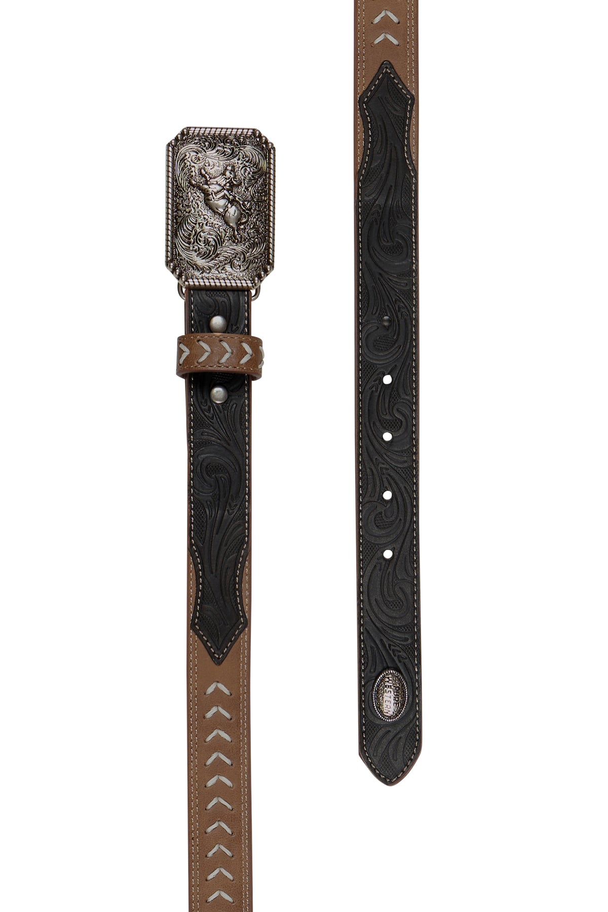 Pure Western Boy's Terrence Western Belt. Brown leather belt with decorative buckle on a white background