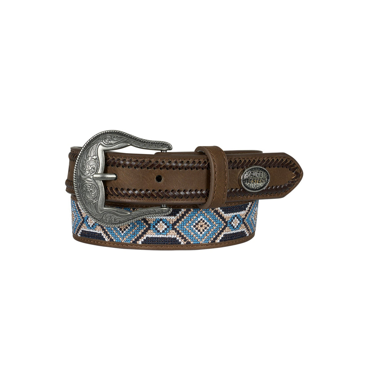 Pure Western Boy&#39;s Warren Western Belt. Belt with blue and white pattern on a white background