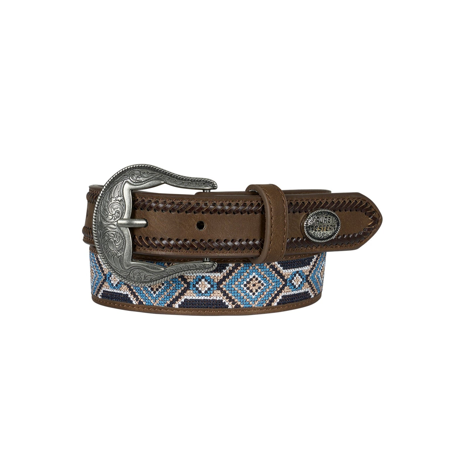 Pure Western Boy's Warren Western Belt. Belt with blue and white pattern on a white background