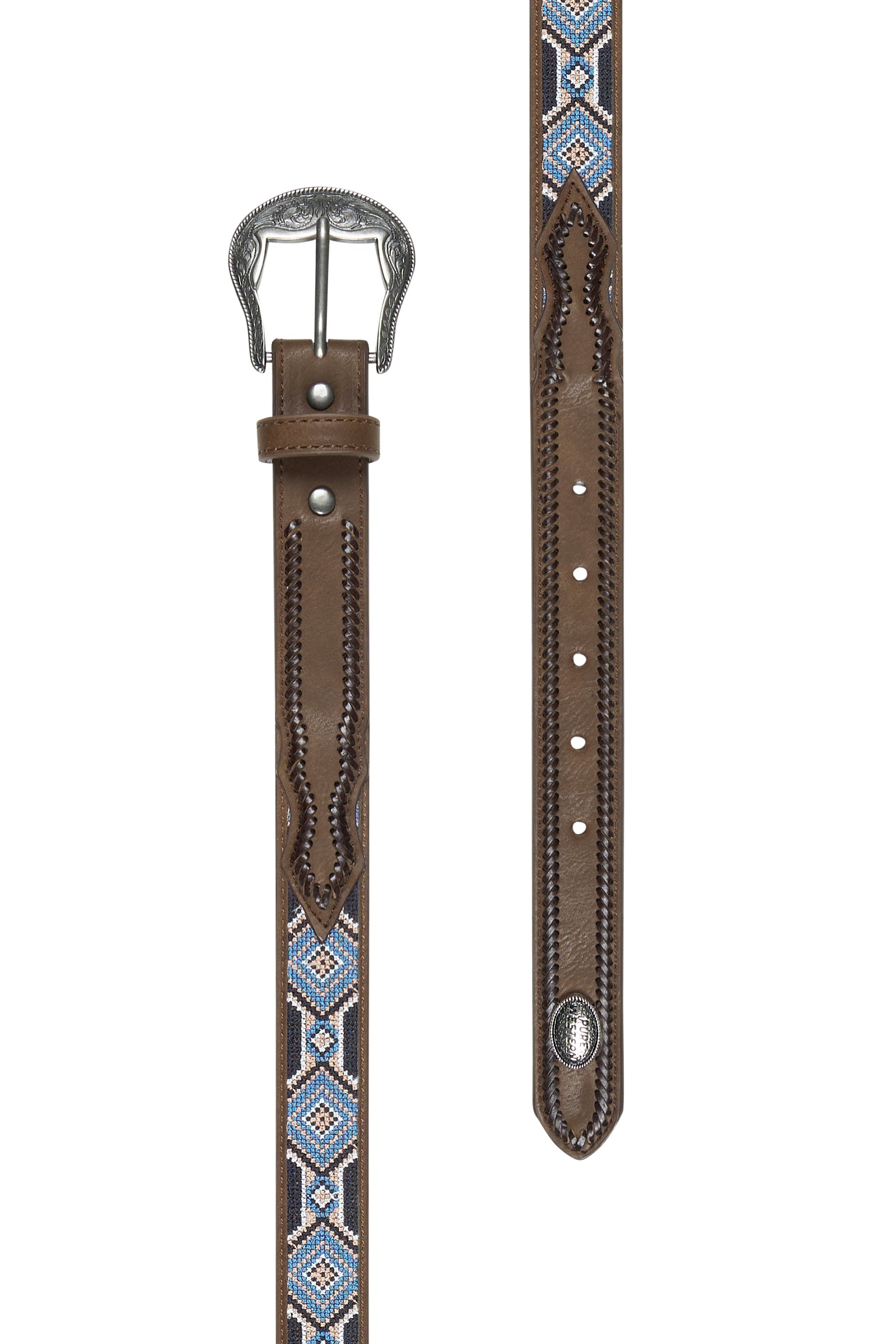 Pure Western Boy's Warren Western Belt. Brown leather belt with decorative blue pattern on a white background