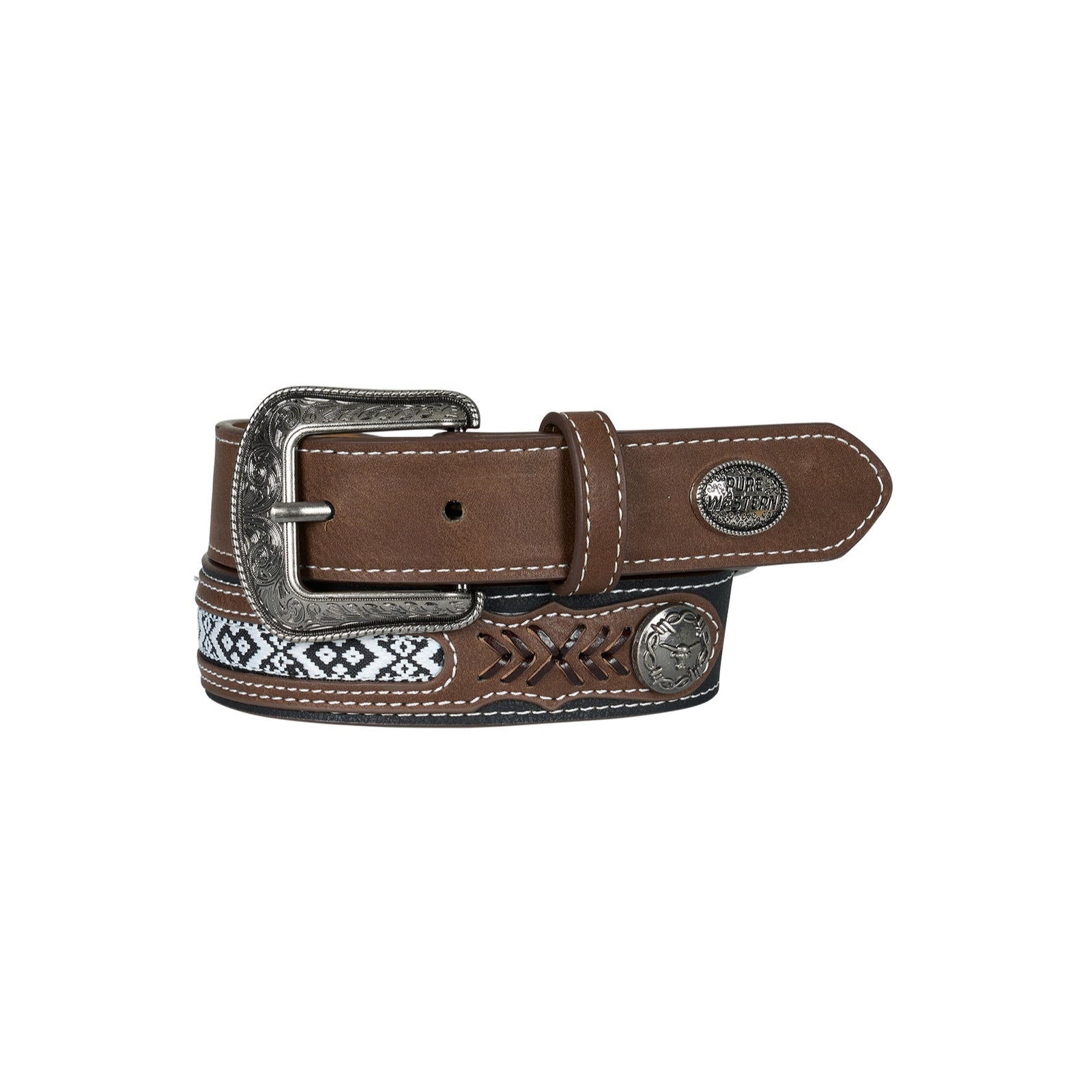 Pure Western Boy's Clayton Western Belt. Brown leather belt with decorative buckle on a white background