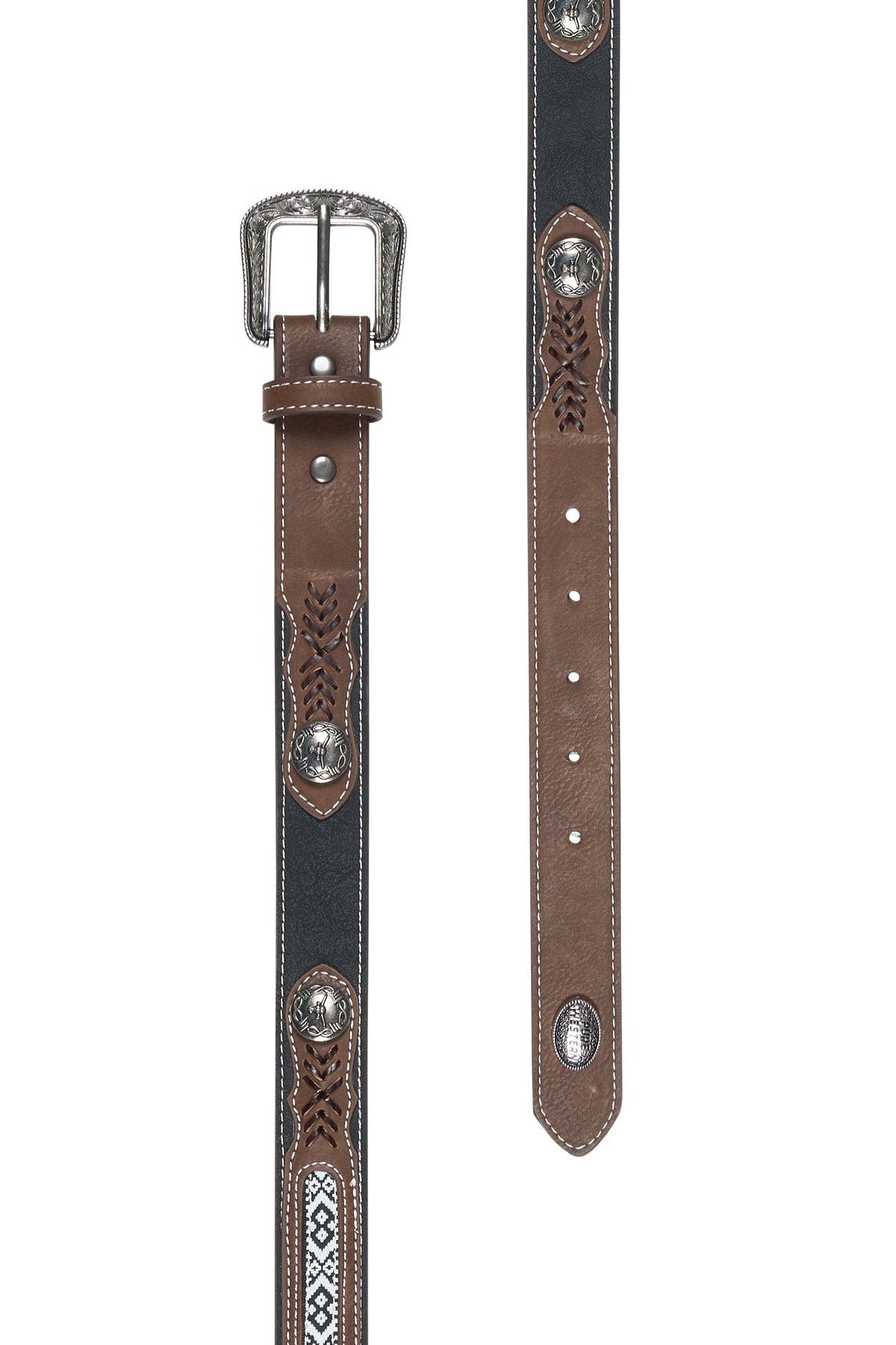 Pure Western Boy's Clayton Western Belt. Brown leather belt with intricate designs and silver studs on a white background