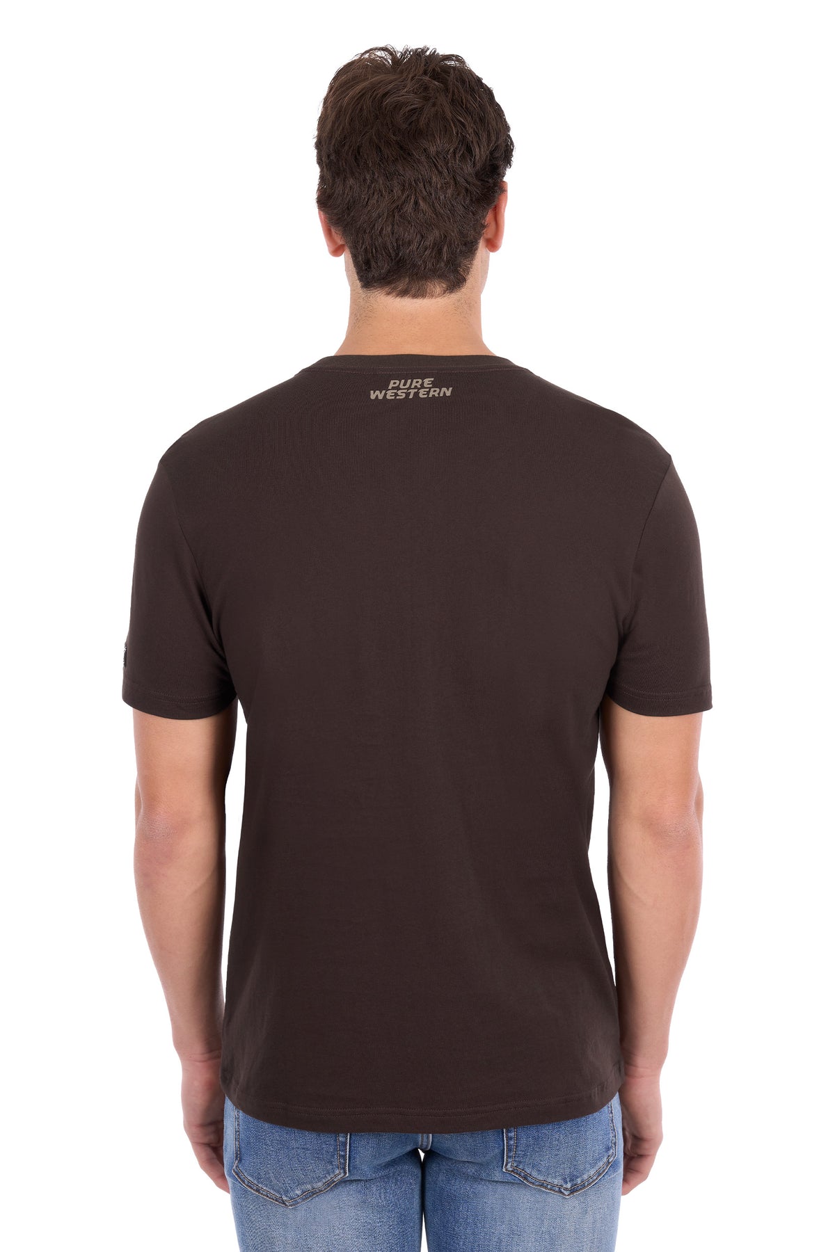 A man viewed from the back wearing a dark brown short-sleeve t-shirt with a small white 'WESTERN' logo printed on the inside of the collar, paired with blue jeans against a white background.