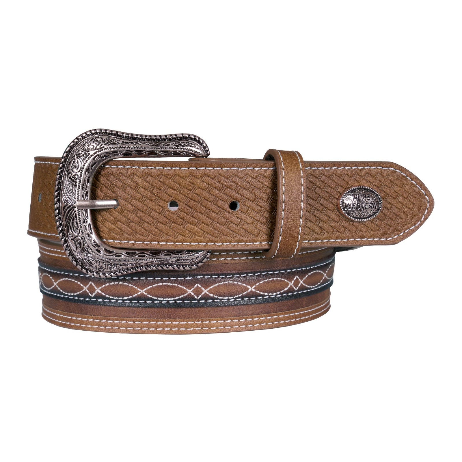 A brown leather western belt with a textured woven pattern, a silver-tone engraved buckle, and decorative stitching, shown coiled on a white background.