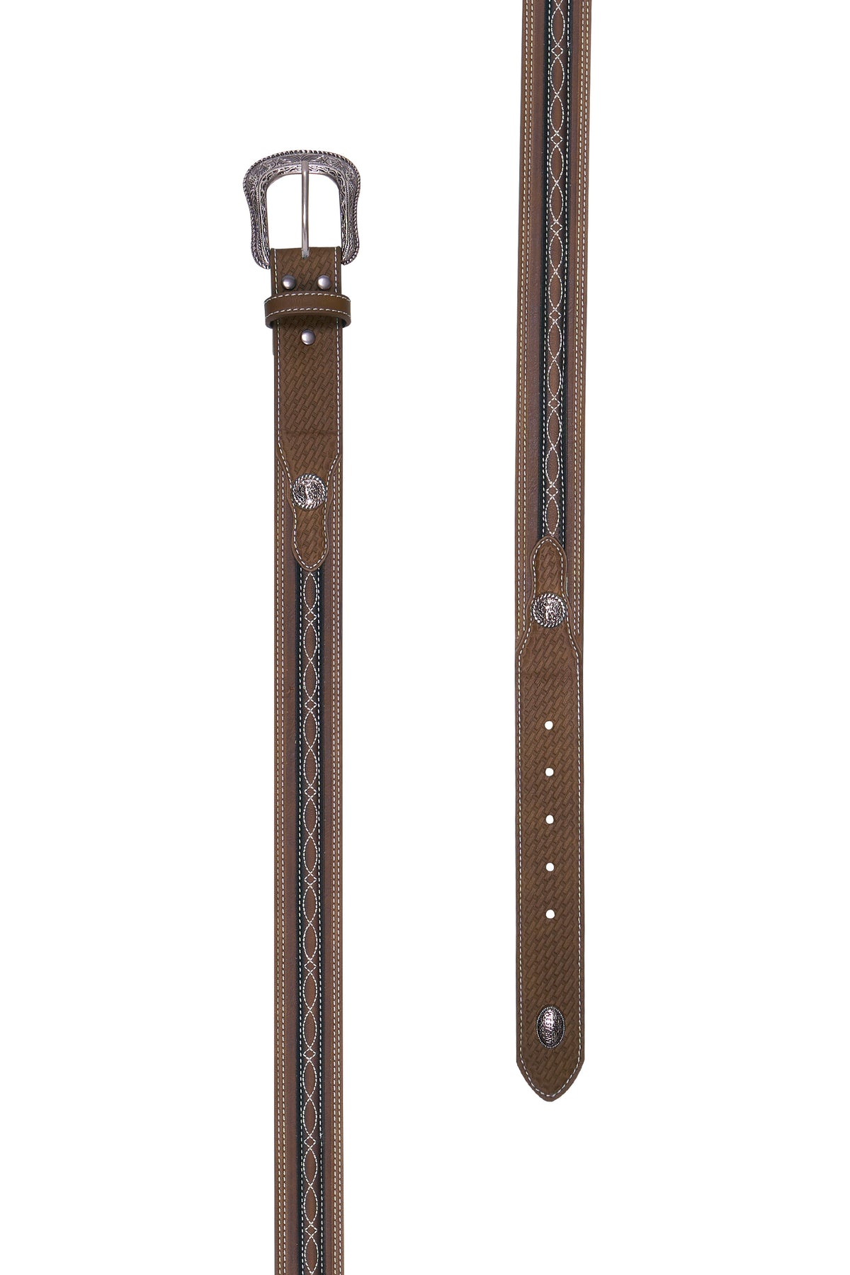 A brown leather belt with a silver-toned buckle, shown in two vertical views against a white background. One view shows the full belt with a decorative braided stripe down the center, and the other shows a close-up of the strap's interior and buckle attachment.