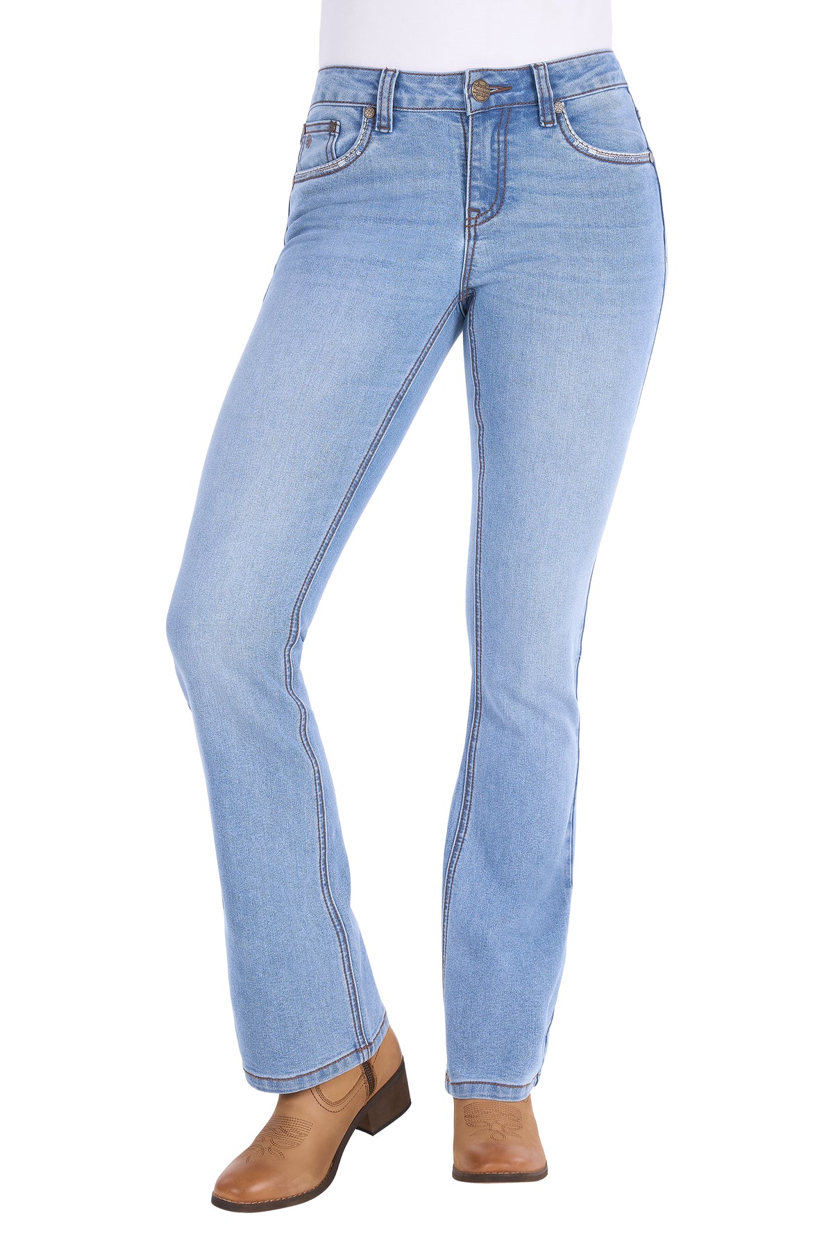 Light blue high-waisted straight-leg jeans shown on a model from the waist down, paired with a white top and brown ankle boots, against a plain white background.