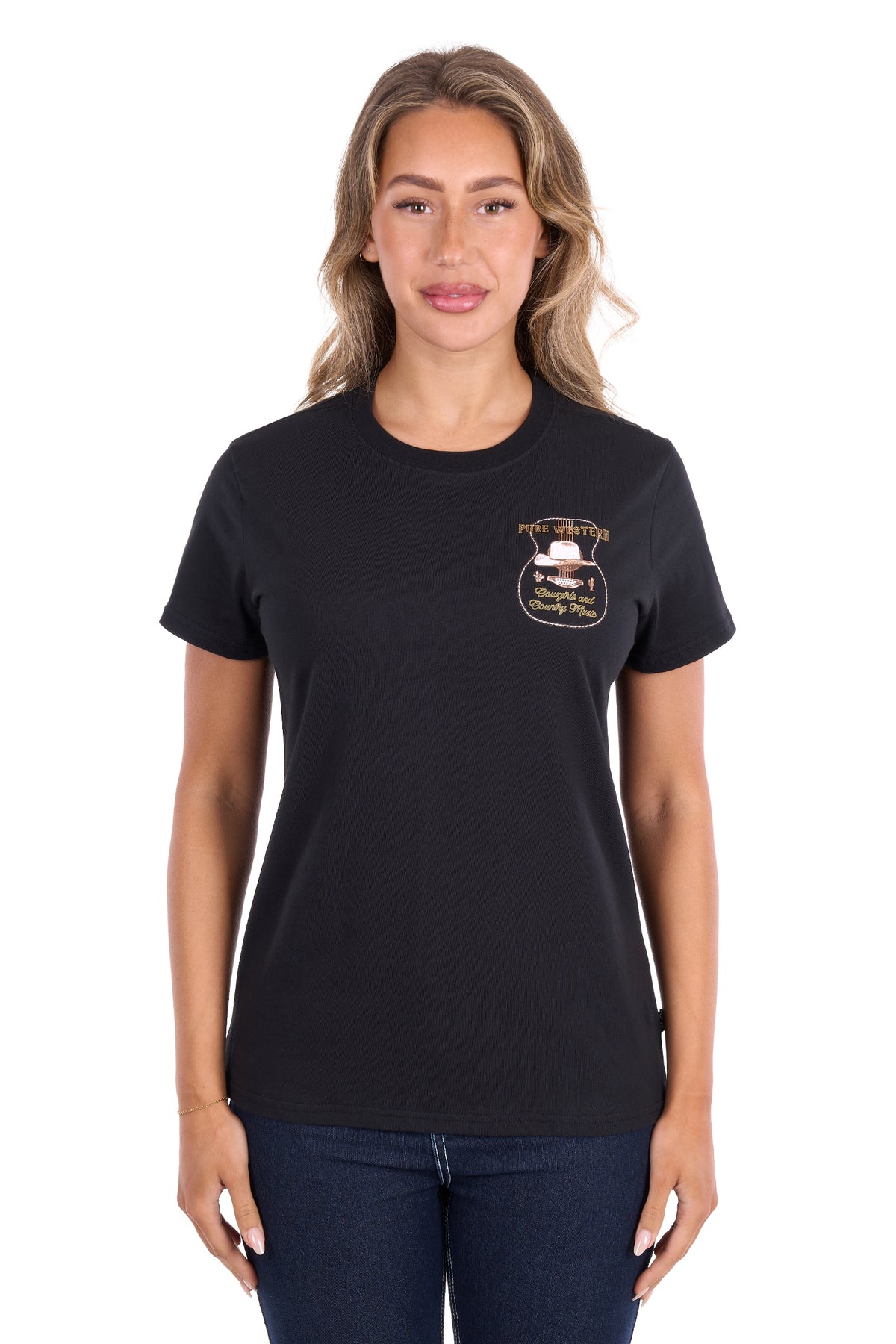 A woman modeling a black short-sleeve t-shirt with a small embroidered logo on the left chest, paired with dark blue jeans, against a plain white background.