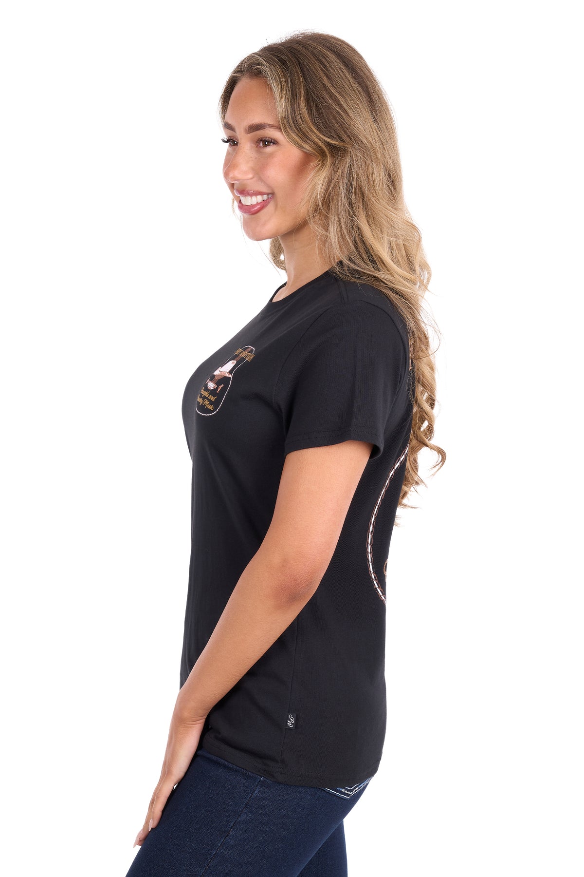 A woman wearing a black short-sleeve t-shirt with a small embroidered logo on the left chest and decorative stitching on the back, shown in profile against a white background.