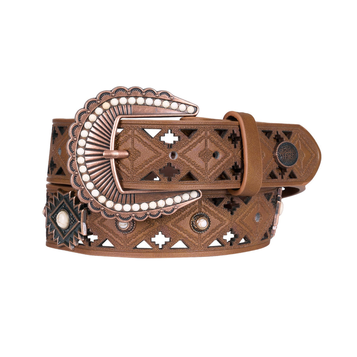 A brown leather belt with intricate cutout patterns, a large decorative silver-tone buckle embellished with faux pearls, and dark metal conchos, shown on a plain white background.