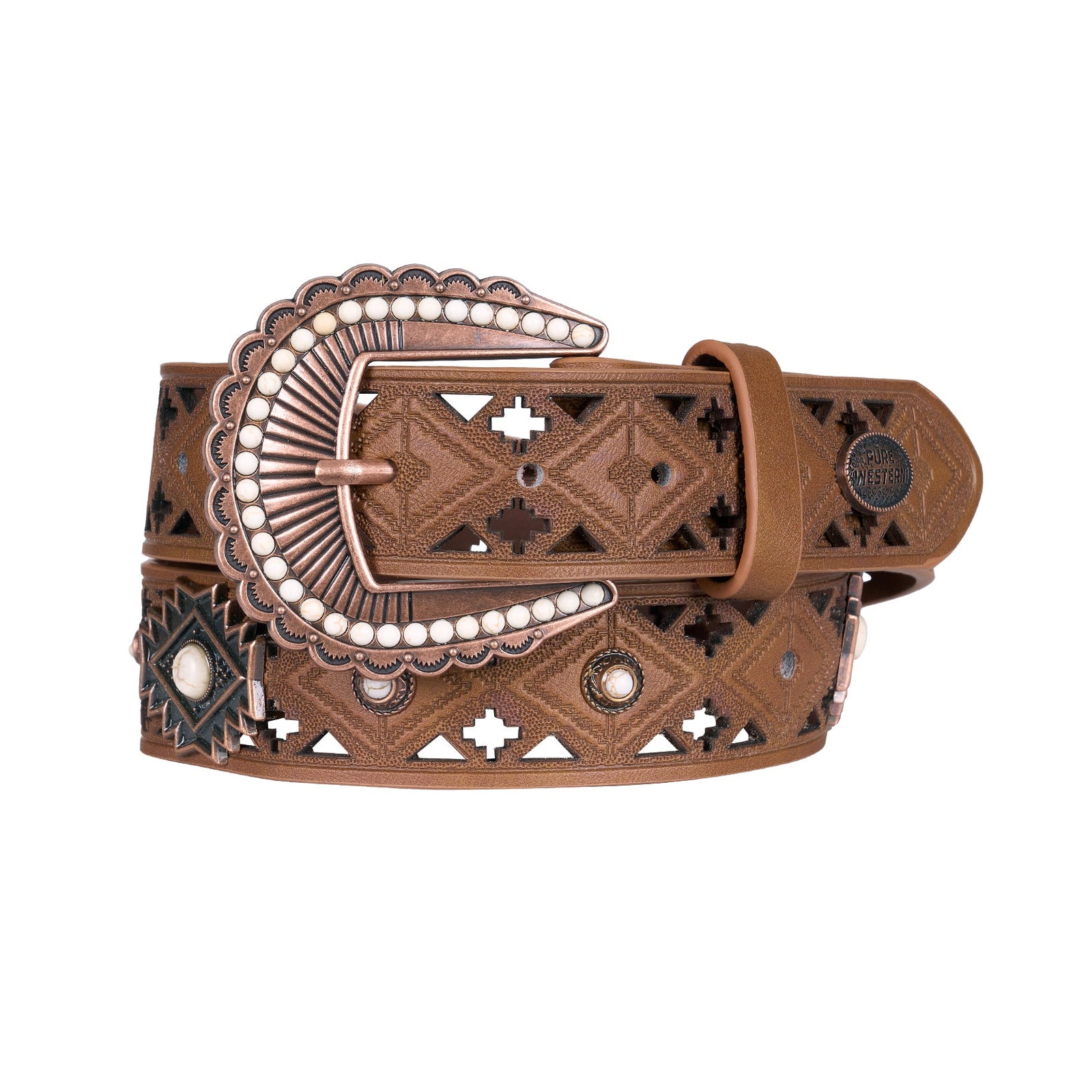 A brown leather belt with intricate cutout patterns, a large decorative silver-tone buckle embellished with faux pearls, and dark metal conchos, shown on a plain white background.