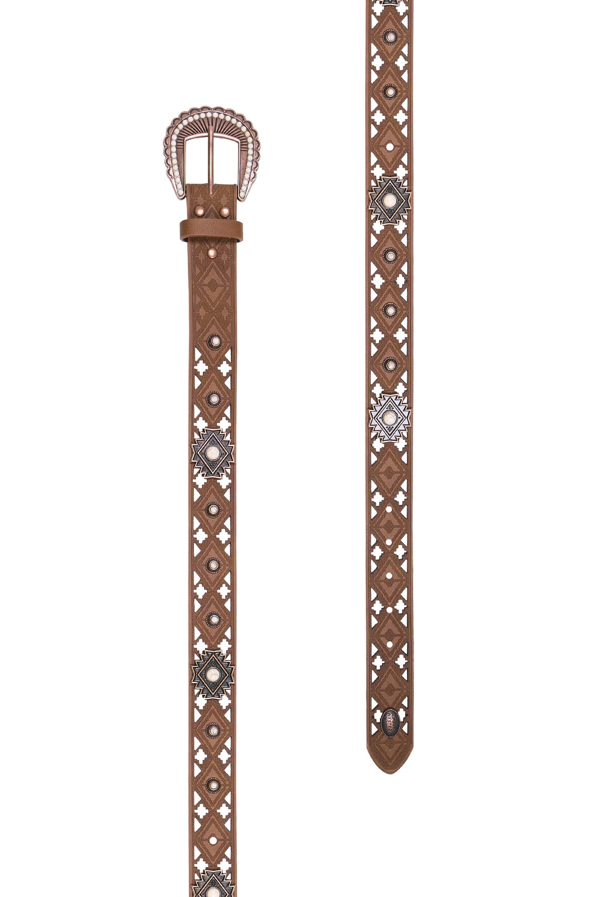 A brown leather belt with a geometric cutout pattern and silver-tone concho hardware, shown in a flat-lay view on a white background.