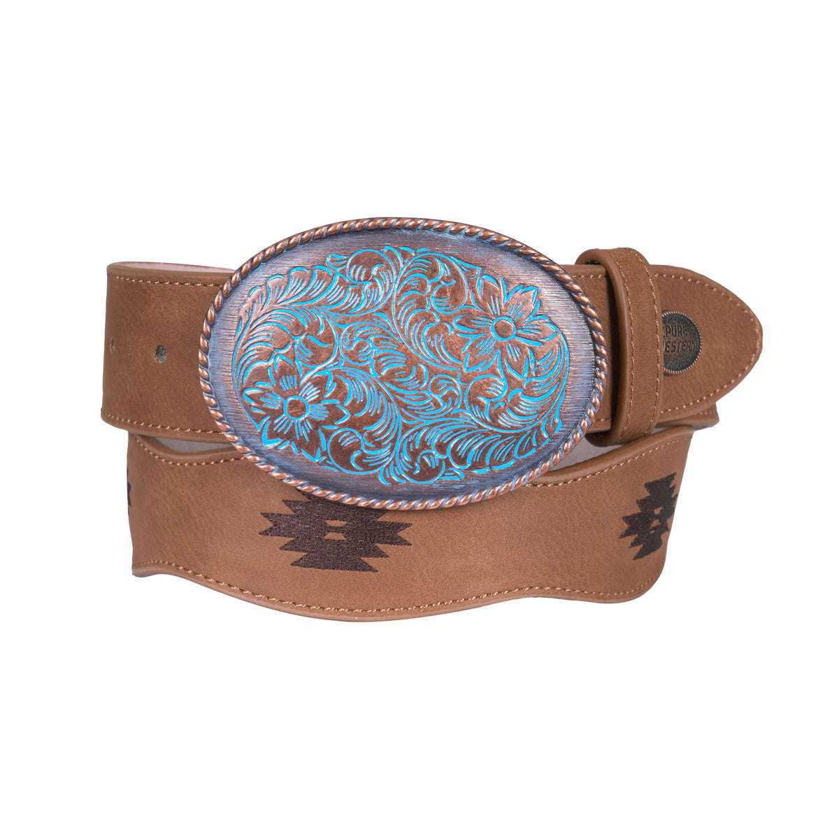 A brown leather western belt with a large oval buckle featuring turquoise blue and silver floral engravings, and dark brown star motifs on the strap.