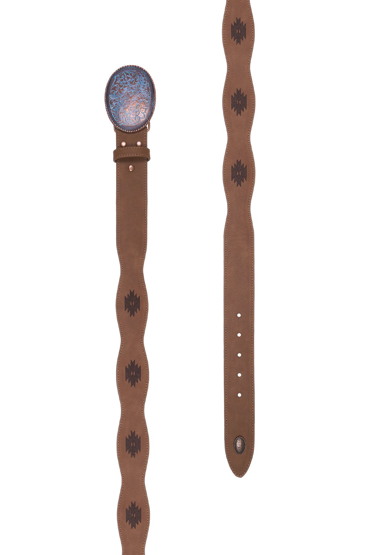 A brown leather western-style belt shown from two angles: one displaying the decorative oval buckle with a blue and orange paisley pattern, and the other showing the full length of the wavy belt strap with dark brown starburst tooling.