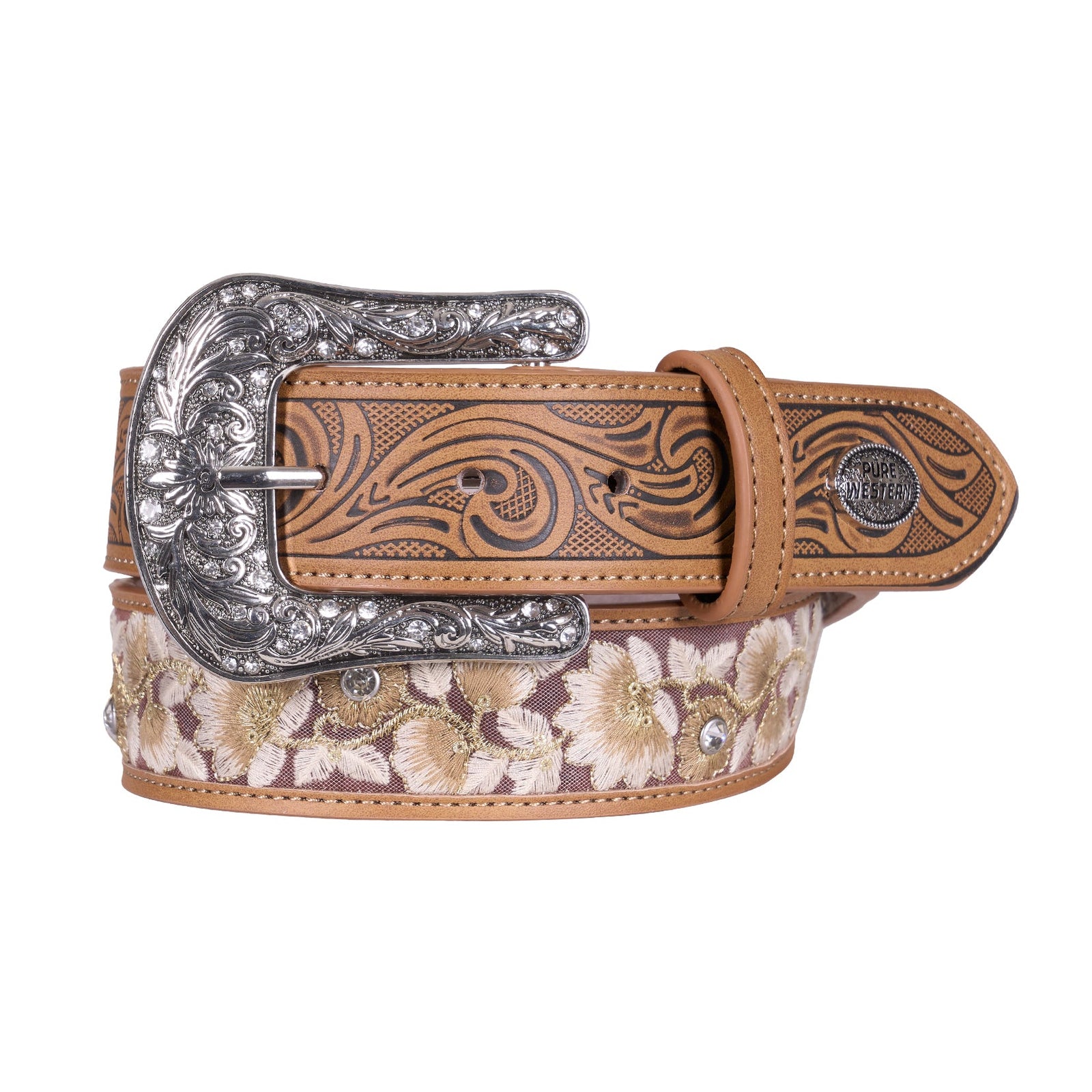 A western-style leather belt with a tan tooled leather strap, a floral-patterned fabric inlay, and a large ornate silver buckle.